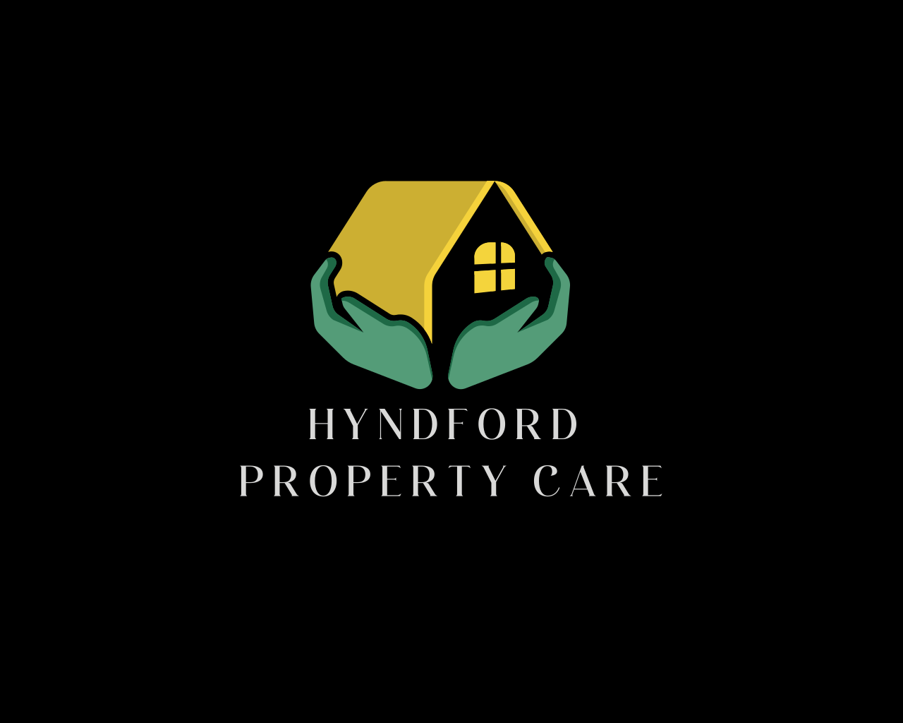 Logo for Hyndford Property Care featuring green hands holding a house with a yellow roof and windows, set against a black background.