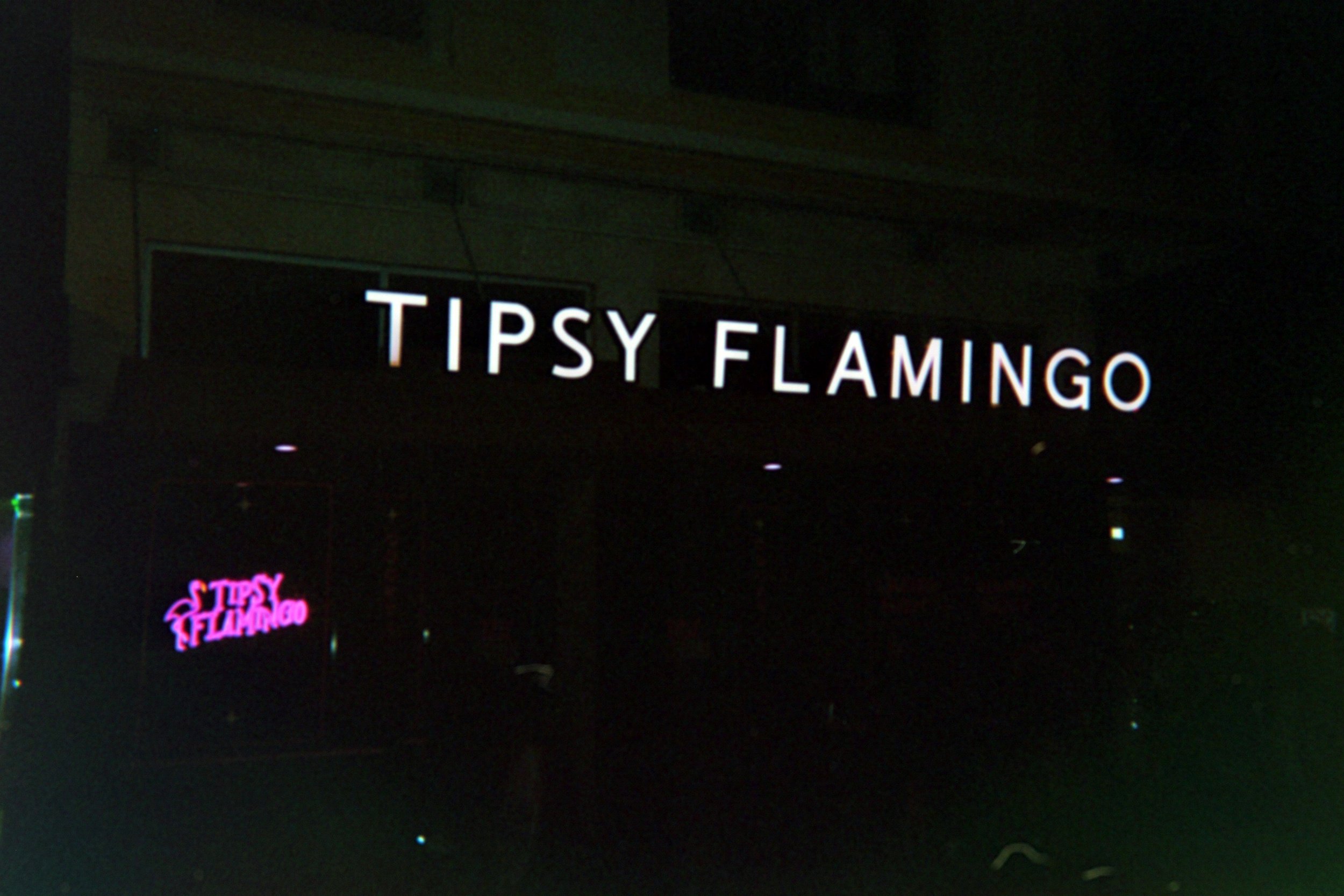 Neon sign that reads 'Tipsy Flamingo' with another, smaller sign displaying the same text illuminated in pink and purple against a dark background.