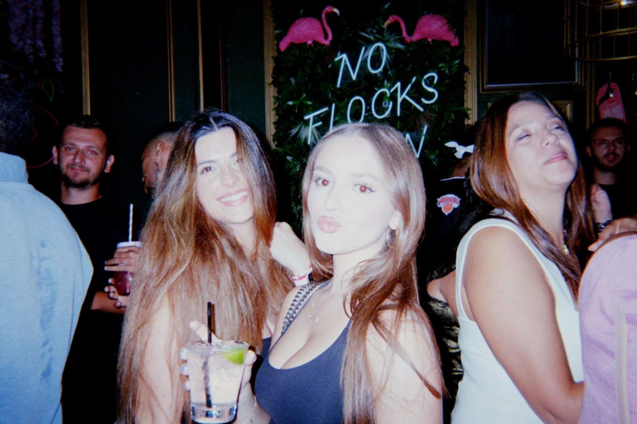 Group of women and men at a party, some holding drinks, with a neon sign and decorative flamingo in the background.