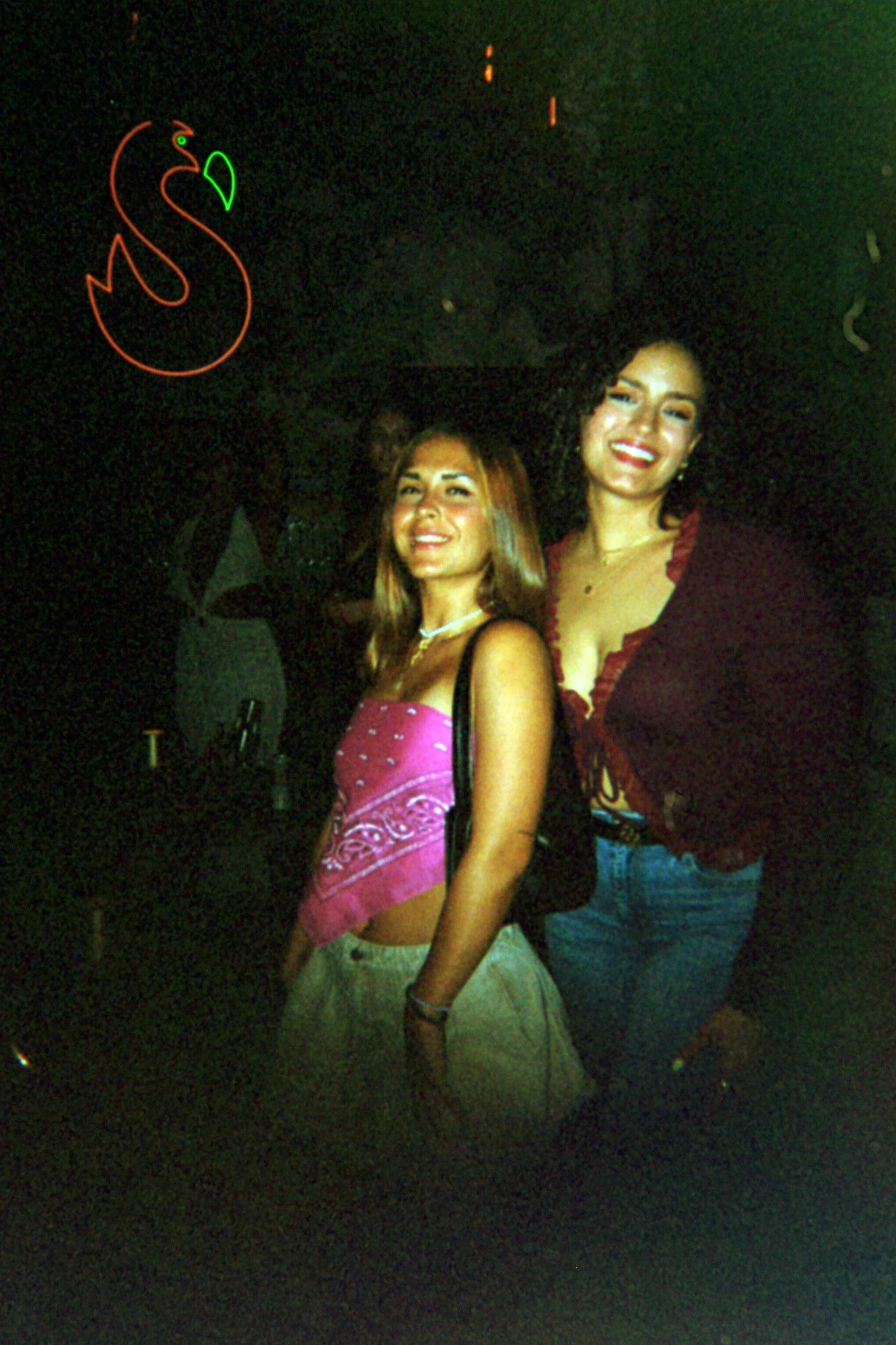 Two women smiling at a nightclub, one wearing a pink top and the other wearing a burgundy top, with neon pink and green flamingo signs in the background.