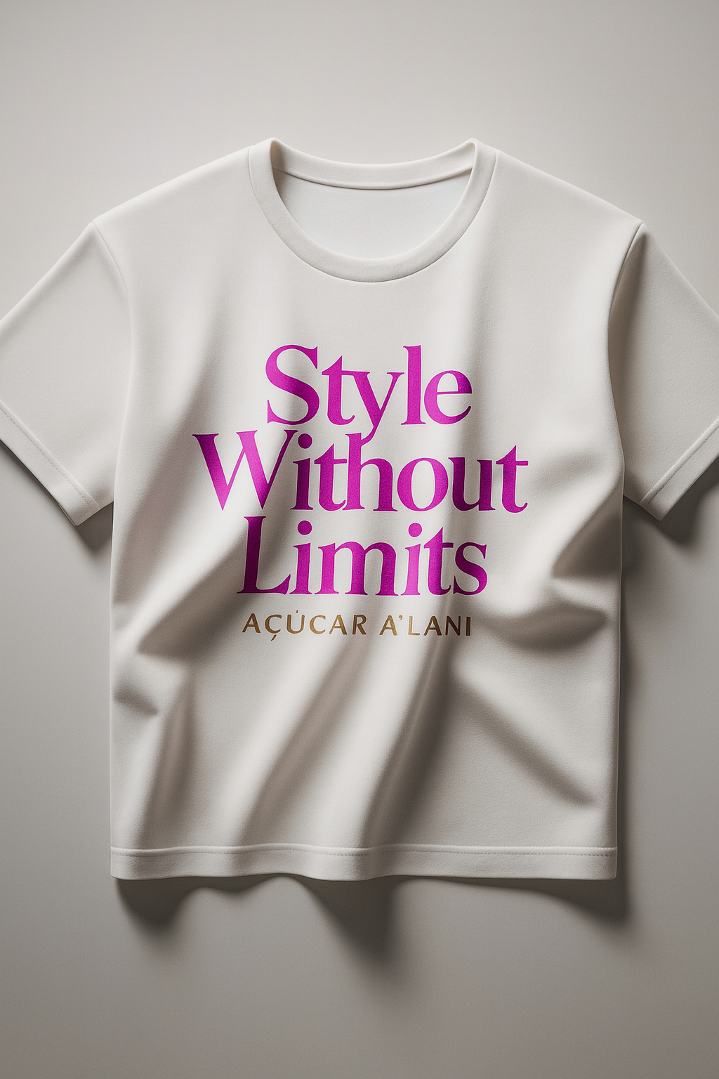White t-shirt with purple and gold text that reads 'Style Without Limits' and 'A̧ƉUçA̧r A̧LAņi'.