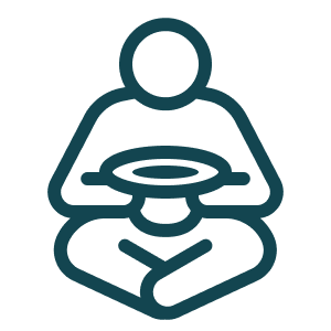 Line drawing of a person sitting cross-legged, holding a plate or tray in their hands.