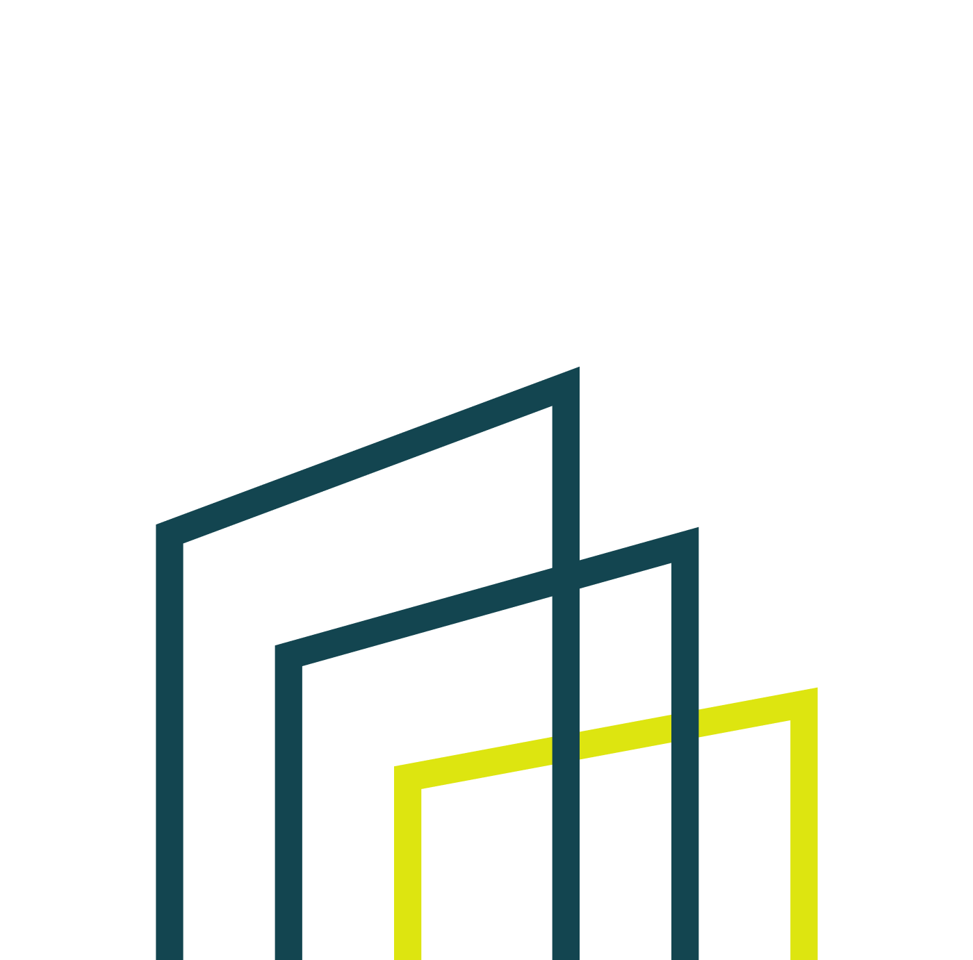 Outline of bar charts in teal and yellow on black background.