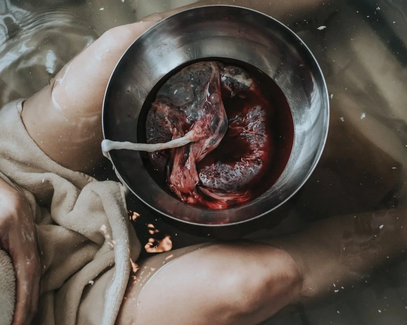 A birthing mother holding a metal bowl with a Placenta inside, floating in a birth tub.