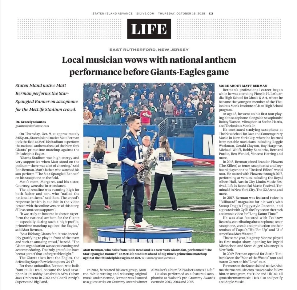Out on news stands today! 📰 .. and the internet.. 

.
.
.
.
.
.
.
#mattbermanmusic #mattberman #music #madeinny #newyorkcity #nyc #live #saxophone #artist #saxmusic #saxophonemusic #anthem #nygiants #eagles #nfl #thursdaynightfootball #primetime #ma
