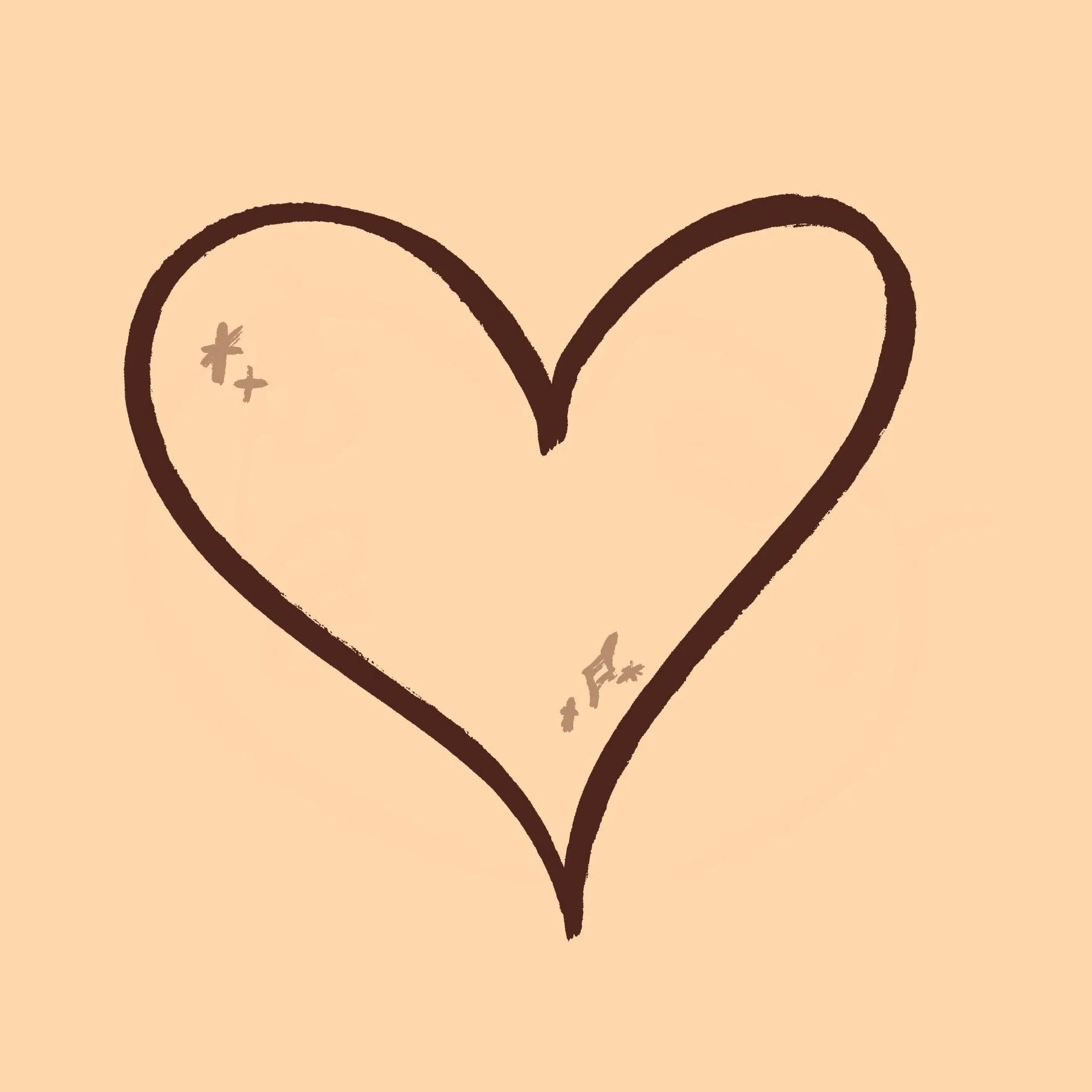 A simple hand-drawn heart with small star-like accents on a beige background.