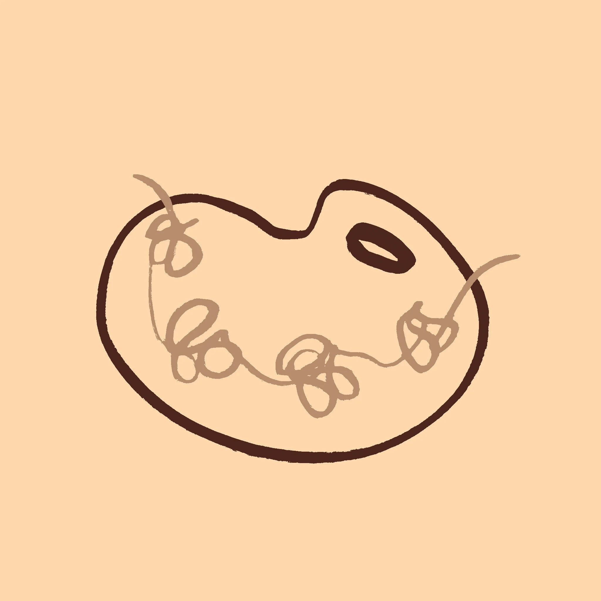 Line drawing of a round object with some scribbles inside and an oval shape at the top on a beige background.
