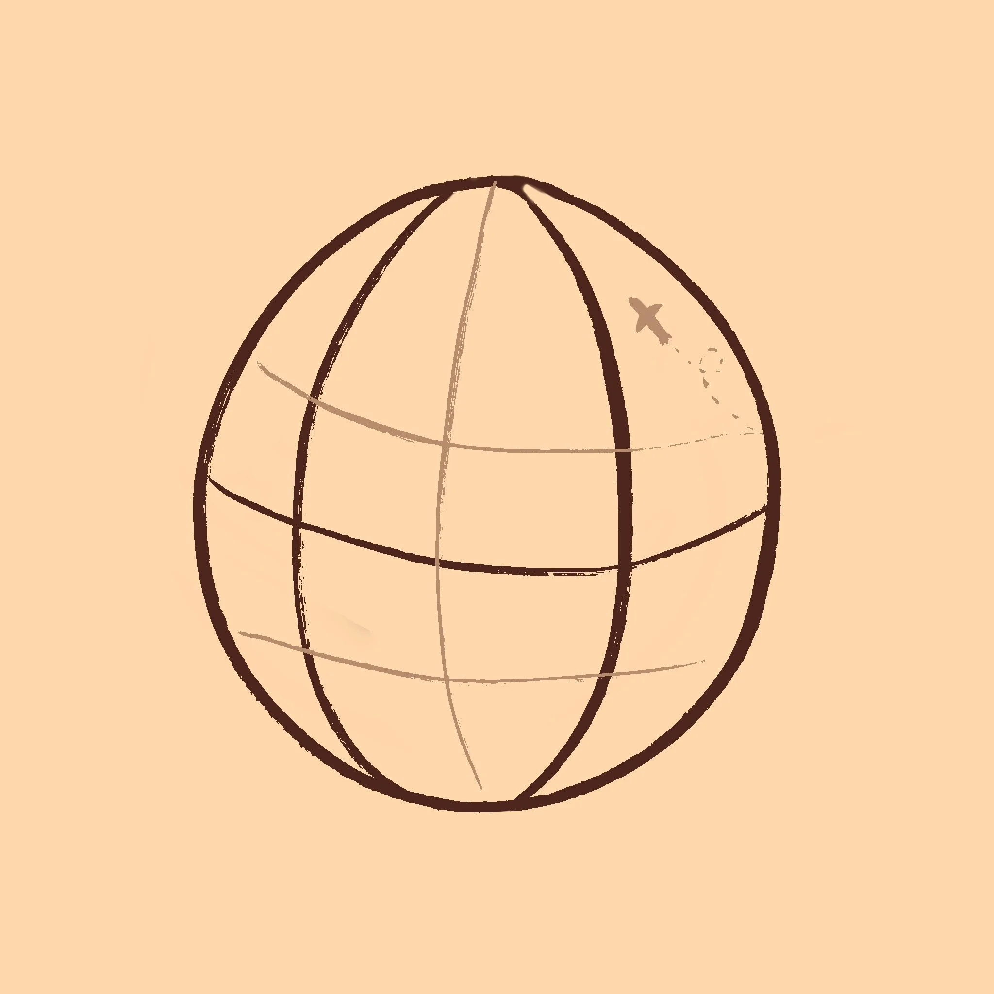 A stylized world globe with grid lines on a peach background.