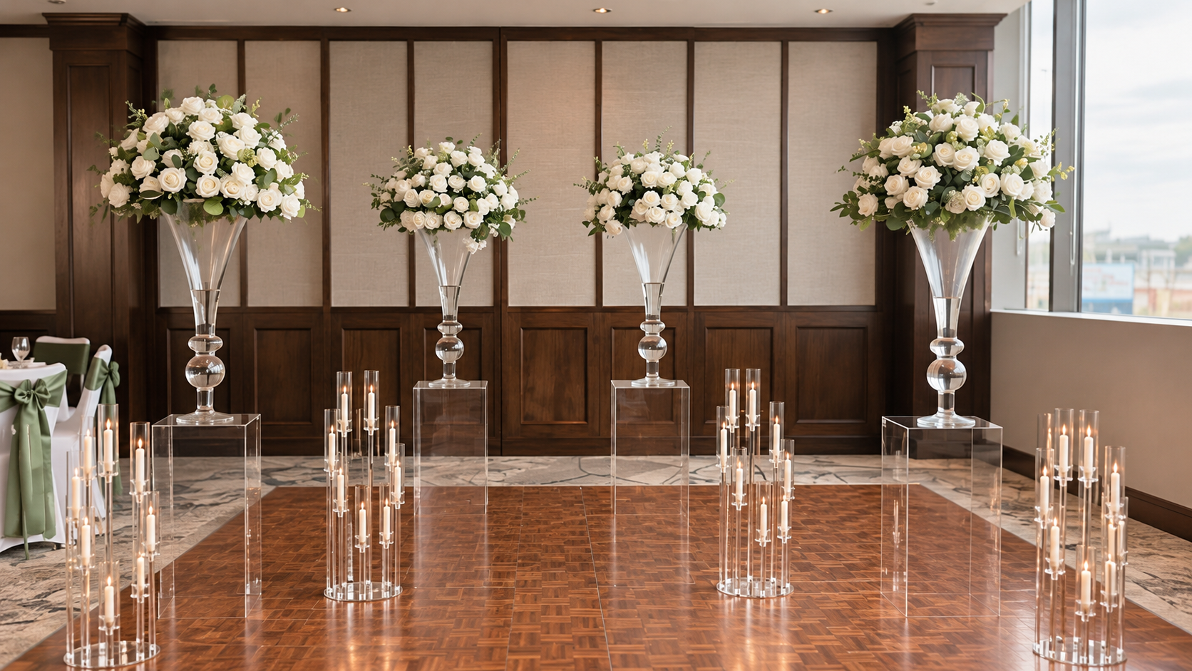 Four tall white floral arrangements in glass vases on clear pedestals, decorated with white roses and greenery, arranged on a wooden dance floor with glass candle holders nearby, in a room with wood-paneled walls and large windows.