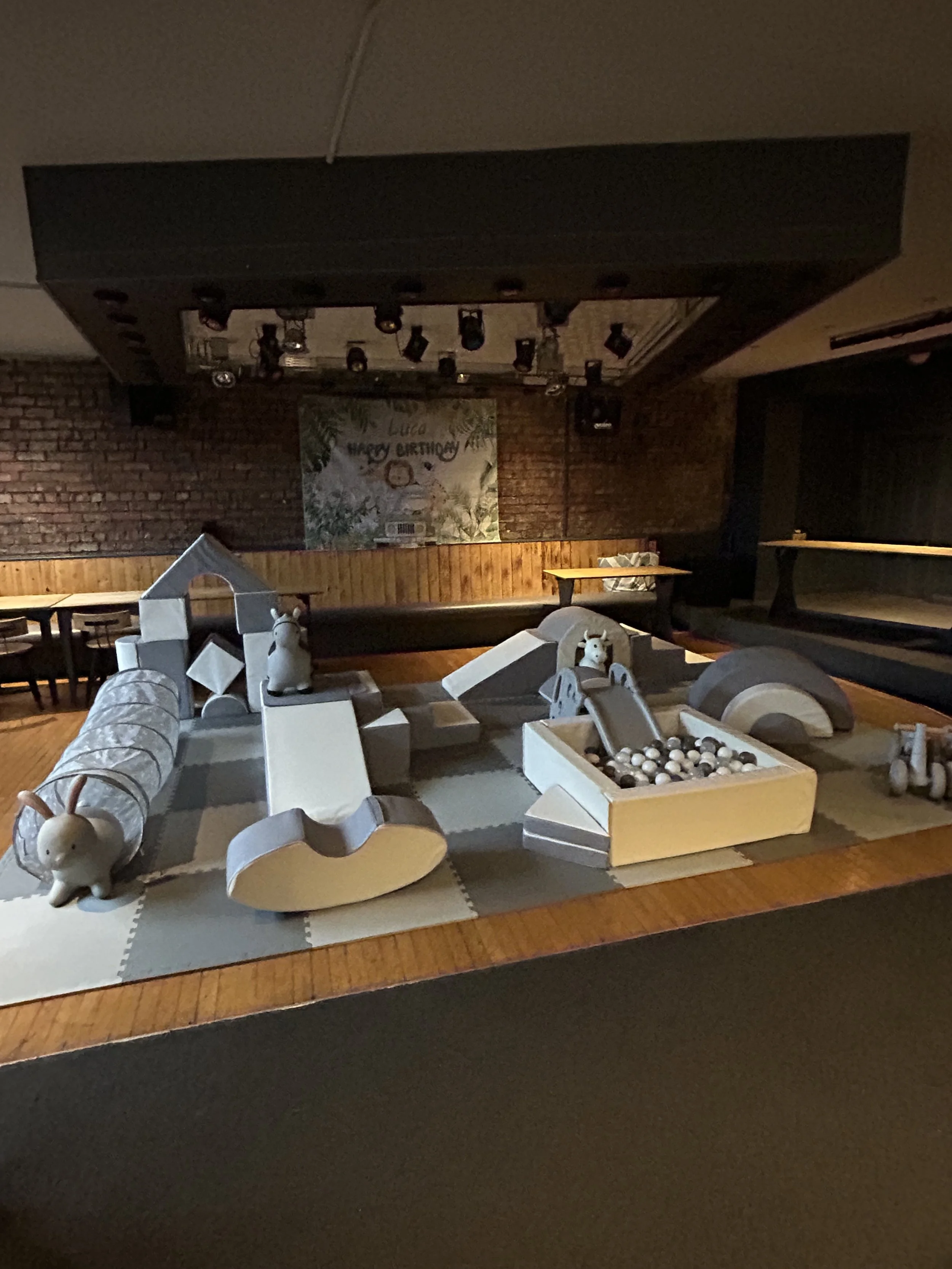 Indoor children's play area with a slide, tunnel, ball pit, and animal-shaped decorations, set on a cushioned mat on a wooden floor