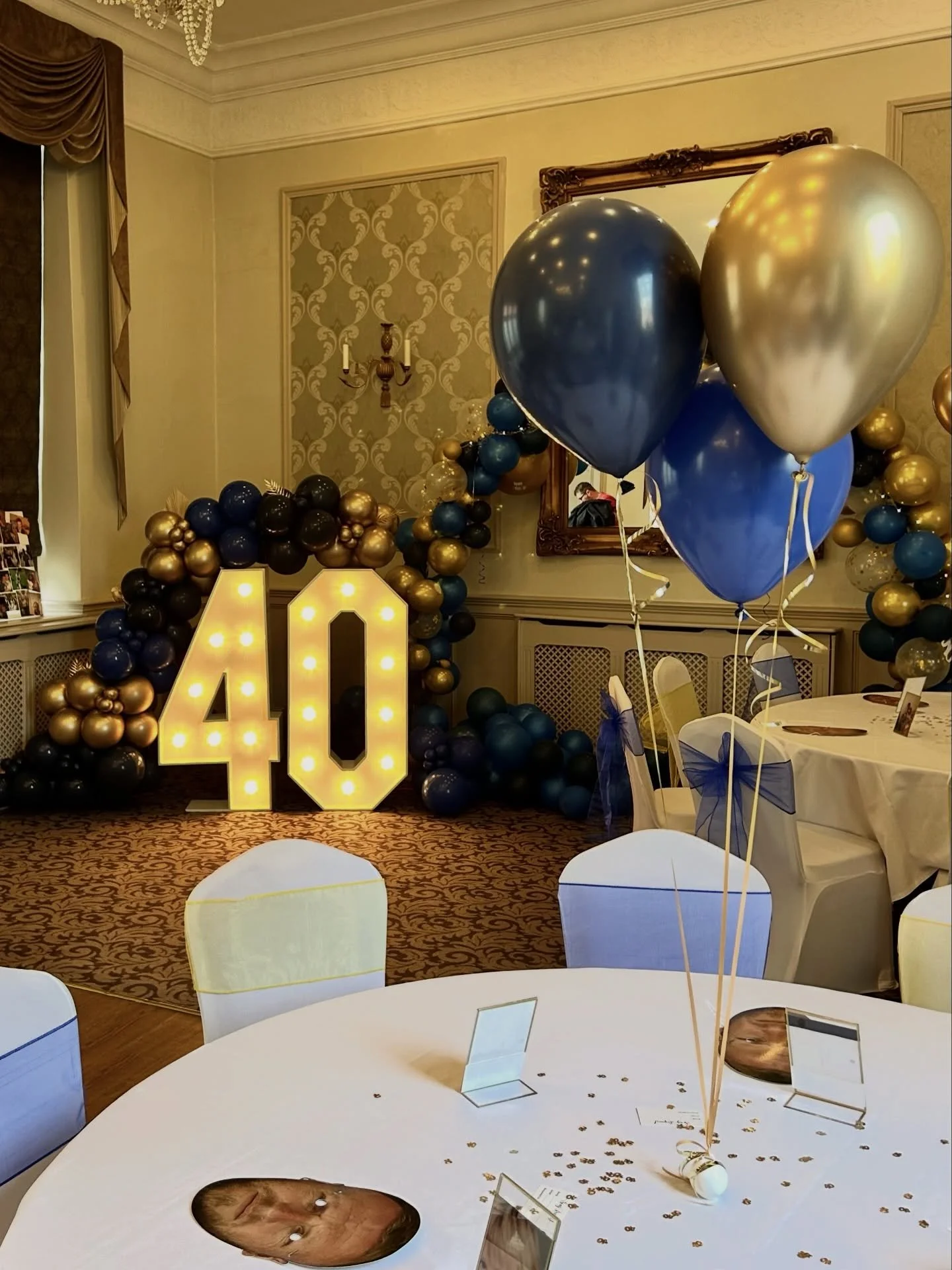 Birthday bash! Light up numbers, navy royal blue and gold themed balloons, blue and gold welcome sign and selfie pod🤍 adding a touch of elegance to your next event🎉🎉