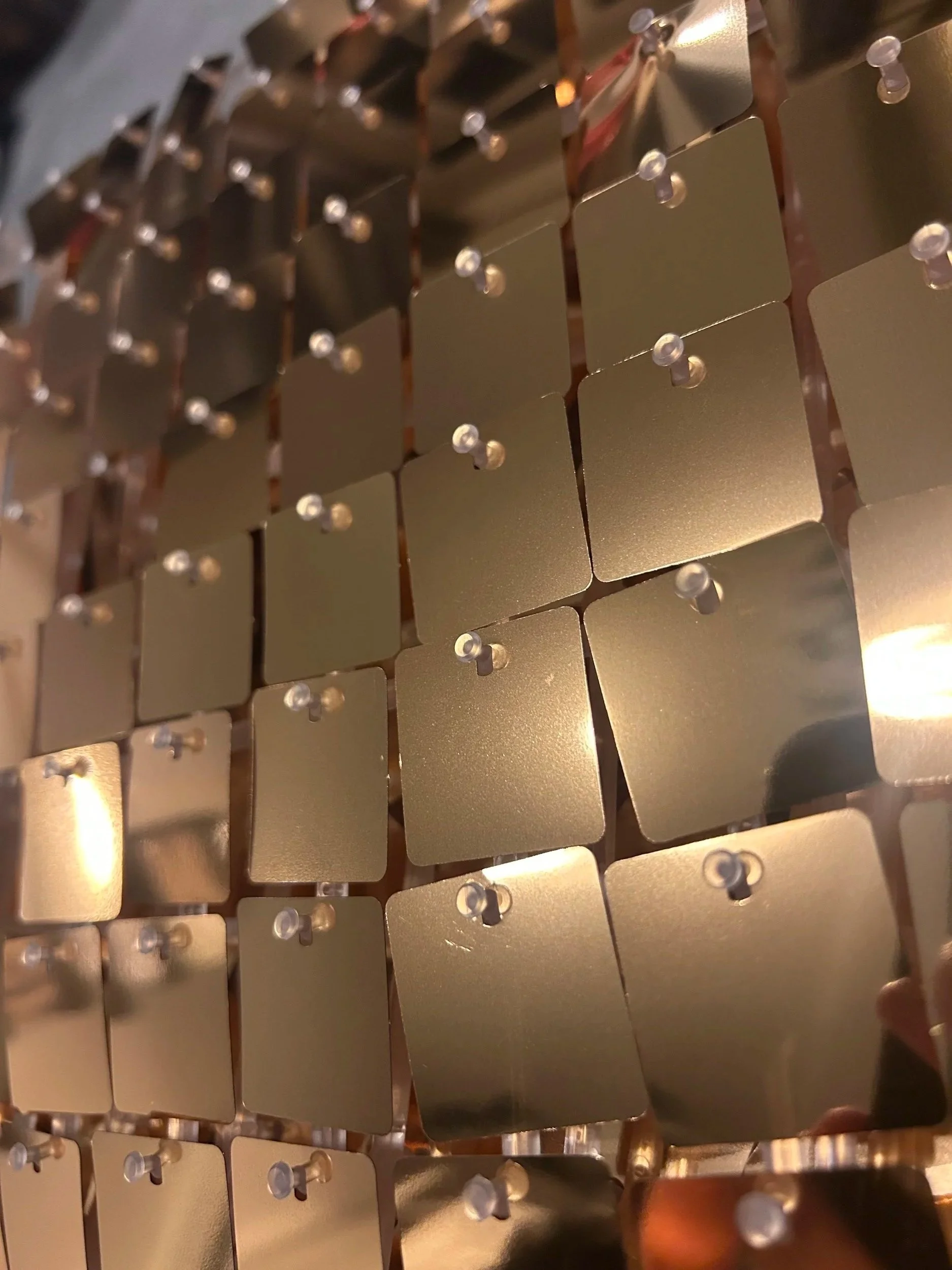 Close-up view of a large, metallic, grid-like structure with small, evenly spaced pegs or fasteners on each square panel, illuminated with warm lighting.