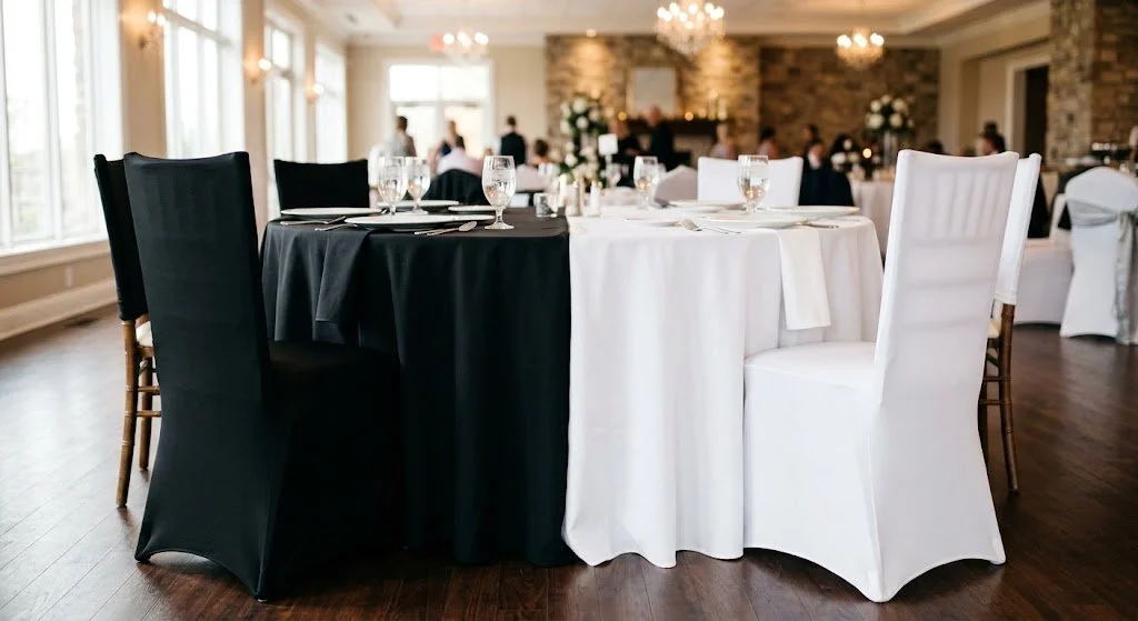 Round banquet tables with white and black tablecloths, set with glassware and silverware in a decorated event hall with chandeliers and large windows.
