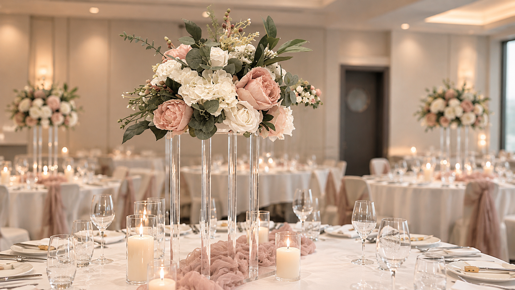 Elegant banquet hall decorated for a wedding or special event with large floral centerpieces featuring pink and white roses, white hydrangeas, and greenery on tall glass stands, surrounded by tables set with glassware, plates, candles, and pastel pink sashes on chairs.