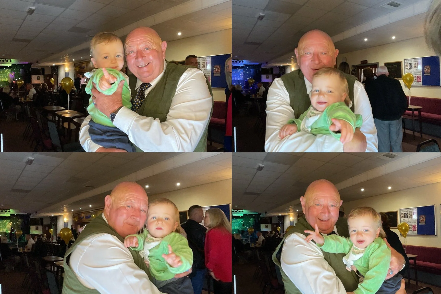 Four photos of an elderly man holding a young child, taken in a restaurant or banquet hall with balloons and people in the background. The elderly man is smiling, wearing a white shirt, green vest, and a tie. The child has blonde hair and is wearing a green jacket.