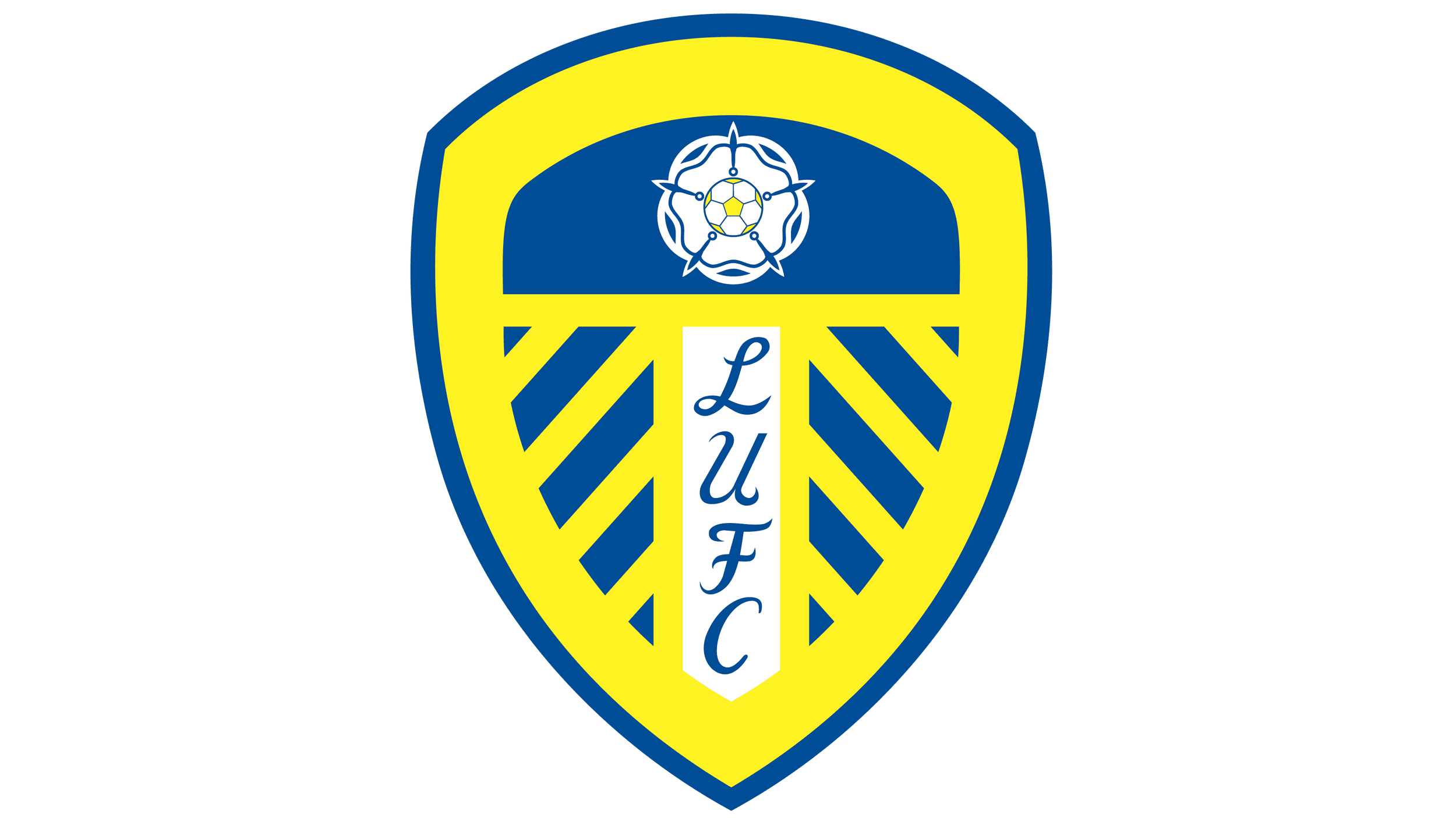 The logo of Leeds United Football Club featuring a yellow shield with blue diagonal stripes, a blue arch top, a white vertical banner with 'LUFC' in blue, and a white rose at the top center.