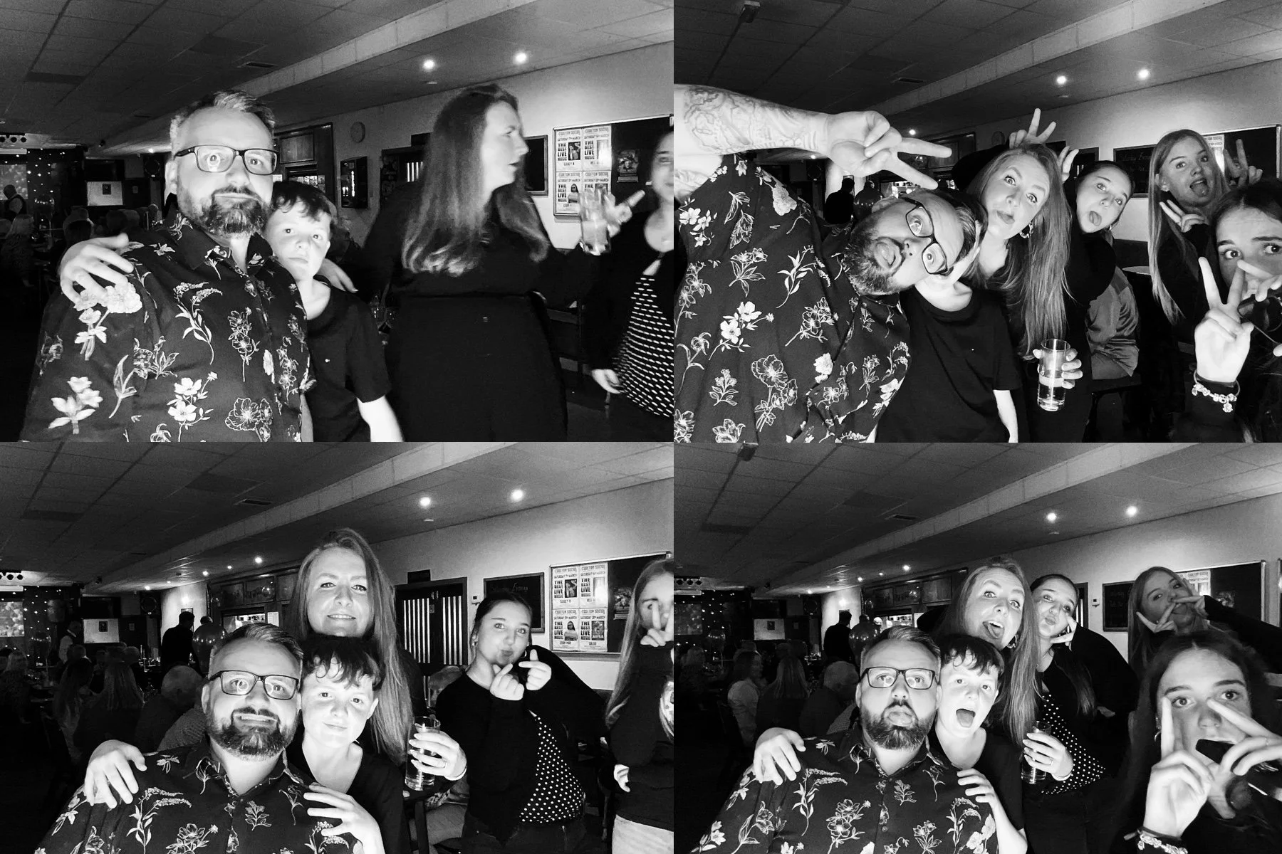 A collage of four black-and-white photos taken at a social gathering in a bar or restaurant with group of people, some making silly faces and peace signs, with plates and drinks visible in the background.