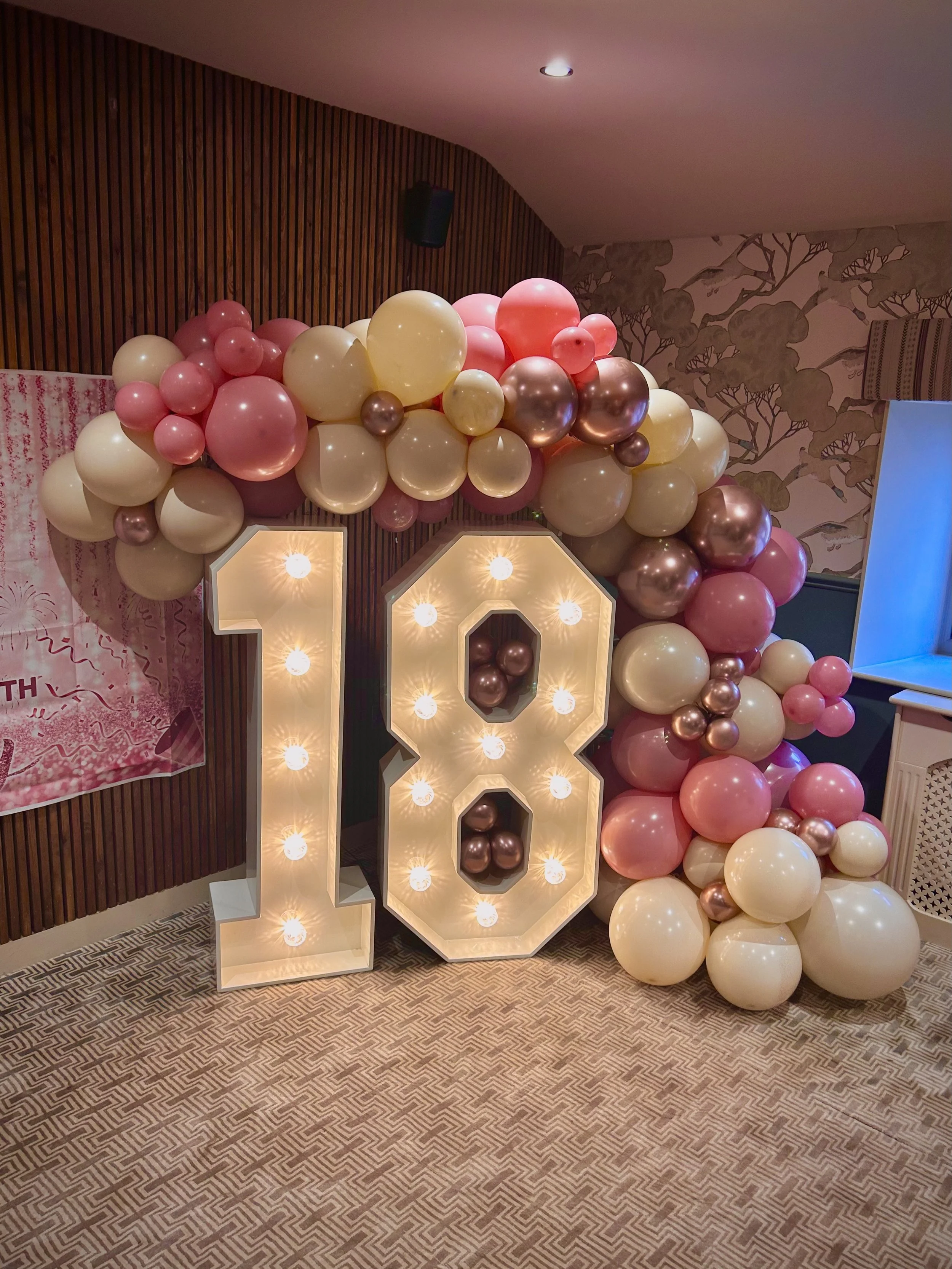 Decorative birthday display with a large illuminated '18' sign surrounded by pink, cream, and metallic balloons.