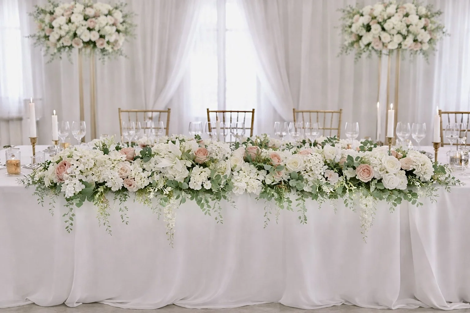Elegant wedding reception table decorated with white and blush pink flowers, tall candles, glassware, and gold chairs in a bright, airy room with sheer curtains.