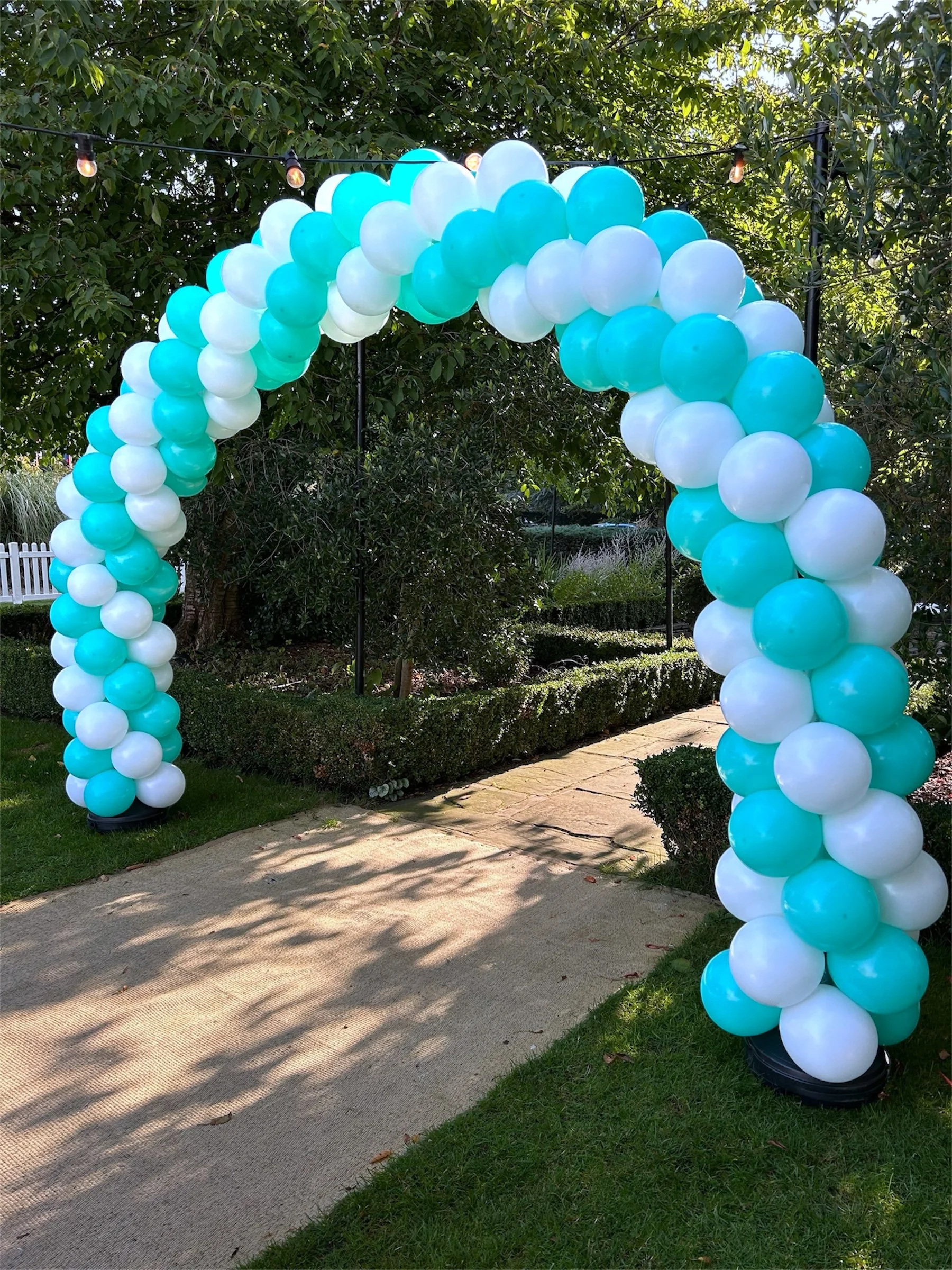 Blue and white balloon arch outdoors on a paved pathway with green trees and bushes in the background.