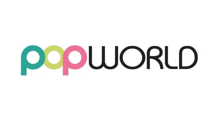 The logo of popworld with colorful lowercase letters 'pop' and the word 'WORLD' in black next to it.
