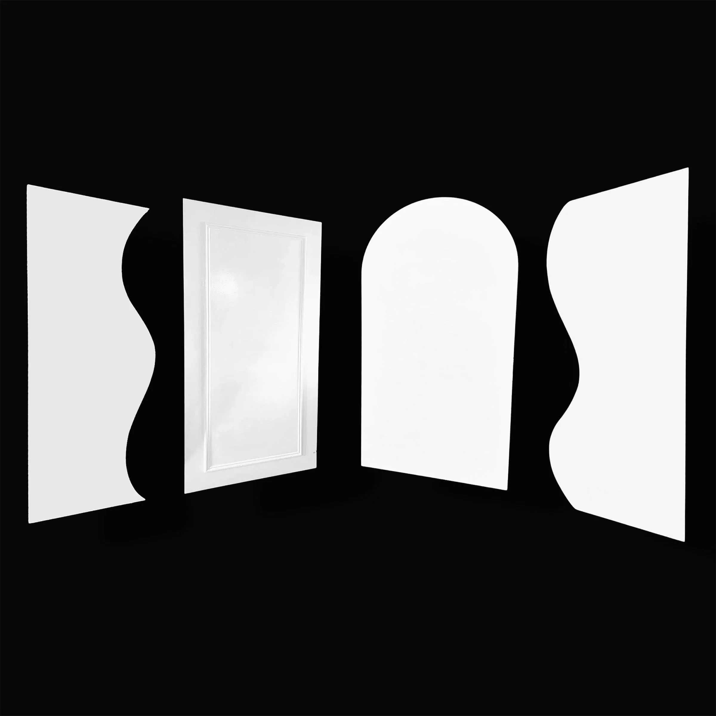 Black background with white, stylized, cut-out text spelling 'LOVE' in uppercase letters, with a door visible within the letter 'O'.