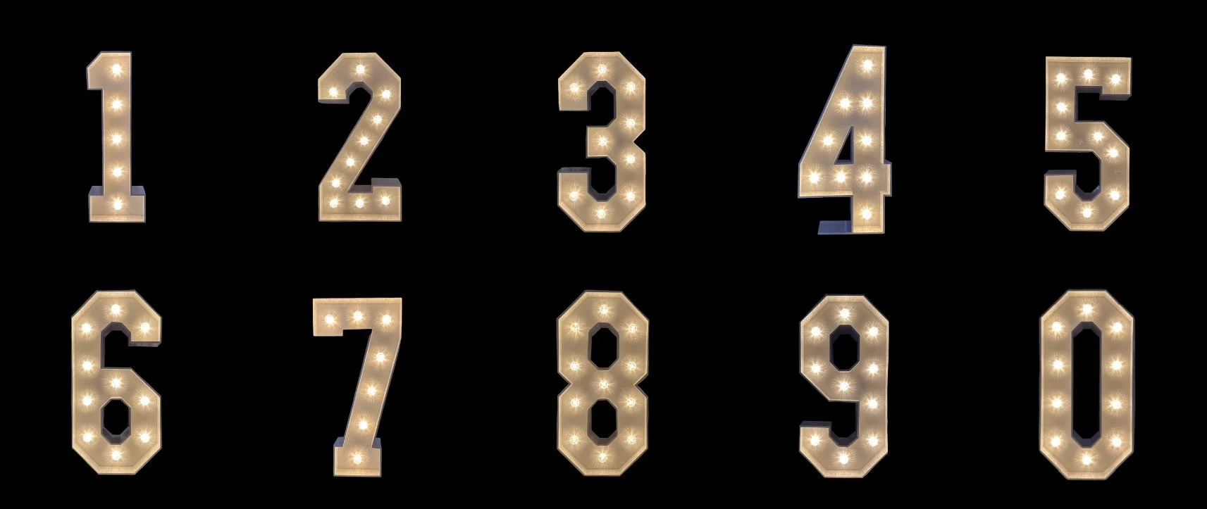 Light-up numbers 1 through 0 arranged in two rows on a black background.