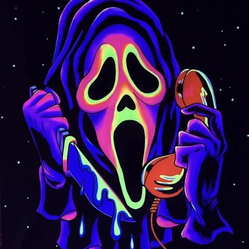 A neon-colored illustration of a ghostly face with a scream, holding a vintage rotary phone and a knife, set against a dark, starry background.