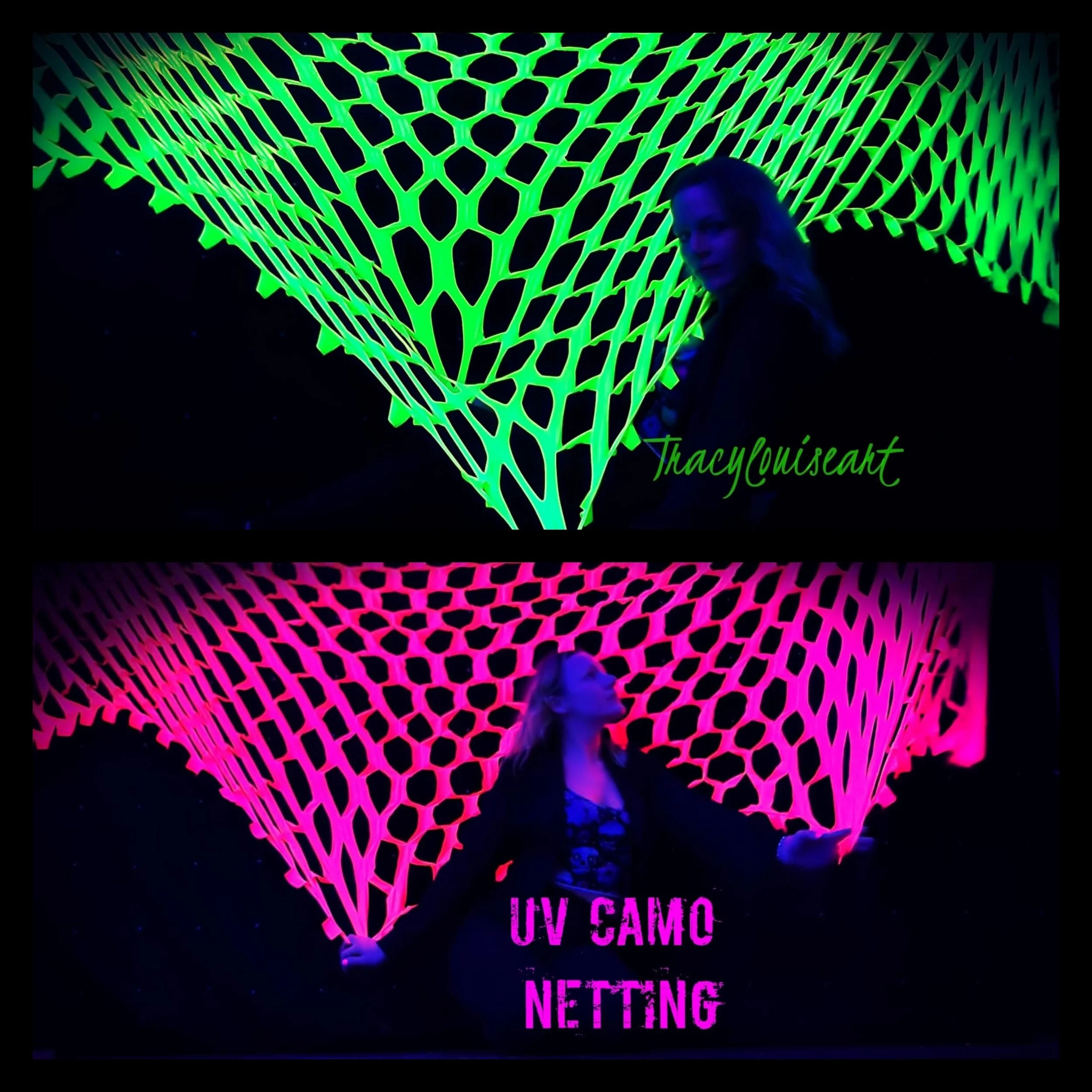Two images showing a woman posing with UV-reactive netting, one under regular light and the other under UV light, with text indicating 'TracyLouisart' and 'UV CAMO NETTING'.