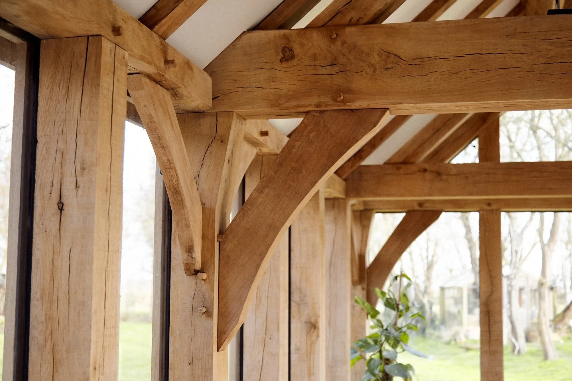 Close-up of an oak frame structure with curved and straight beams, showing natural wood grain and joinery, with trees visible outside.