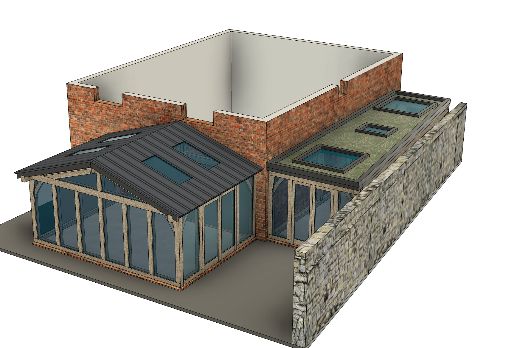 A 3D rendering of a modern house with a brick exterior, glass walls, and a unique roof design, surrounded by a brick and stone wall. Showing two bespoke oak frame extensions.