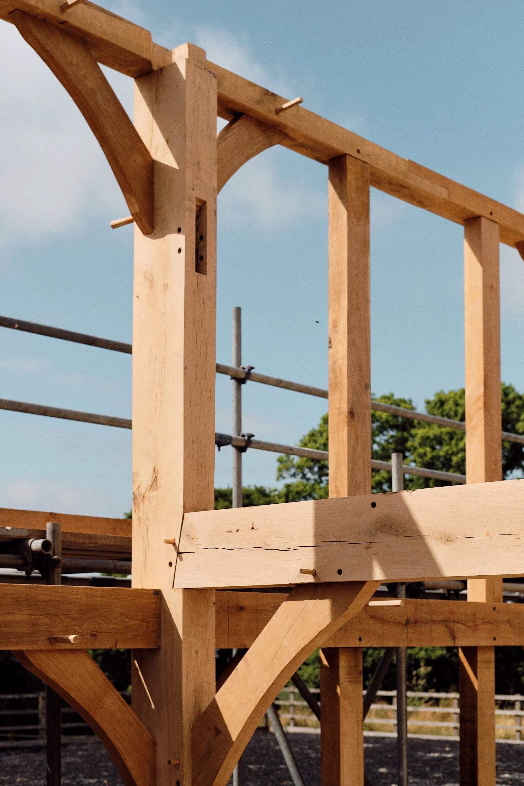 Green oak framework with vertical and horizontal beams under construction, with scaffolding in the background and a clear sky.