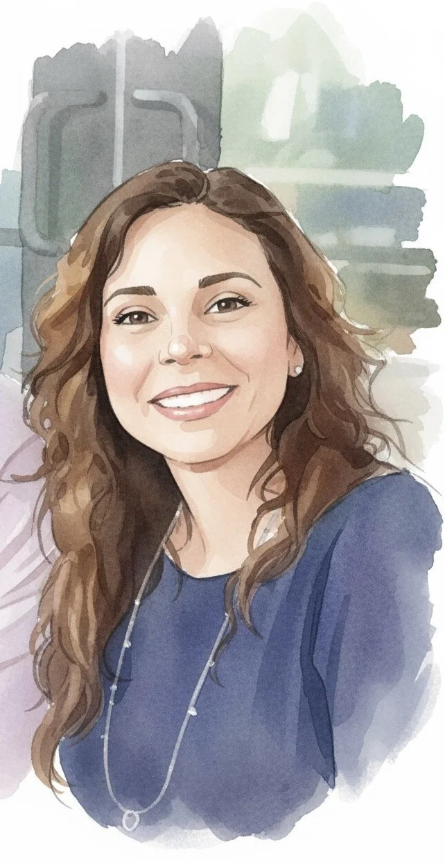 Digital watercolor portrait of a smiling woman with long, wavy brown hair wearing a dark blue shirt and a necklace, with an industrial background.