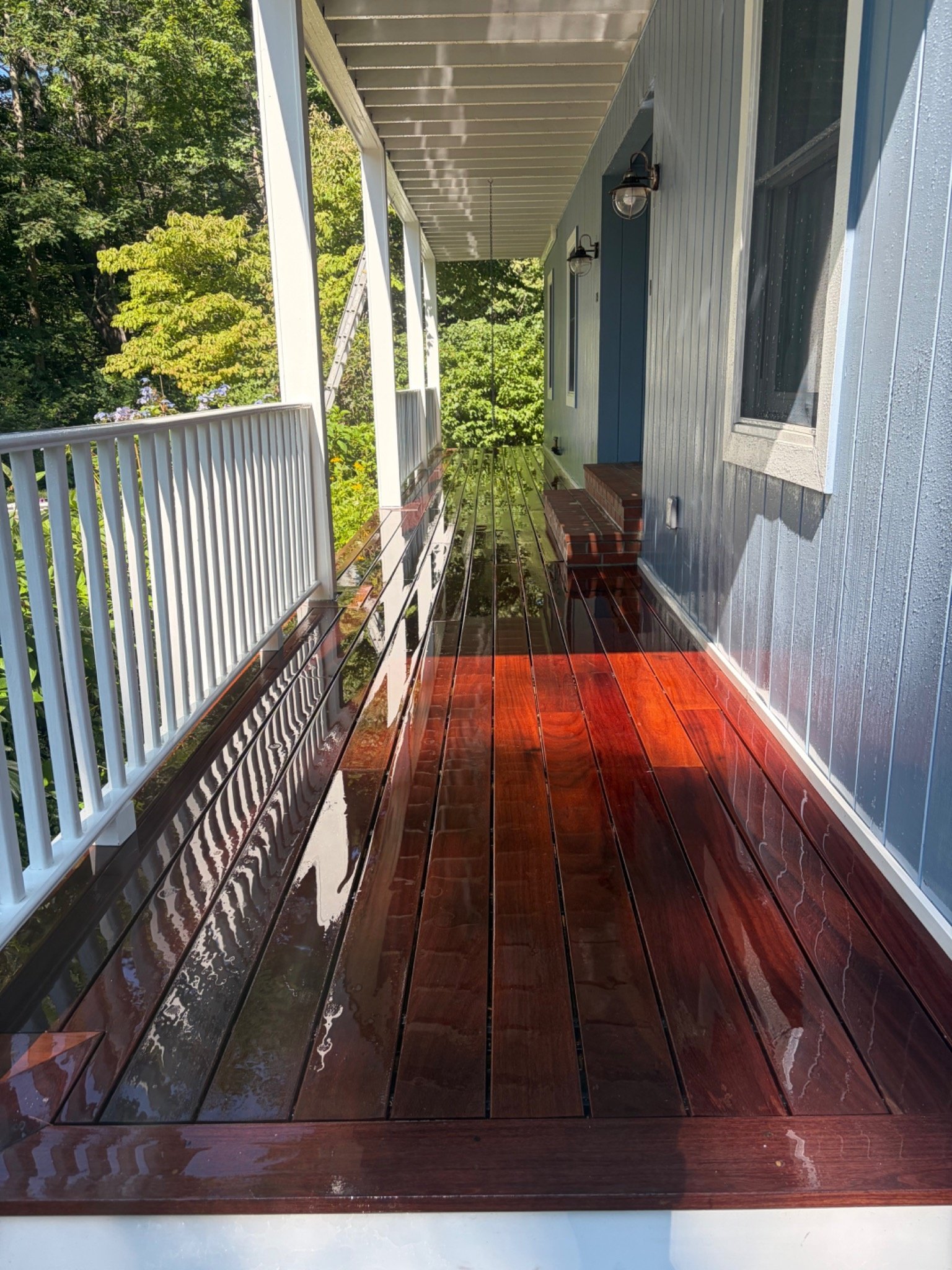 Freshly washed wood porch