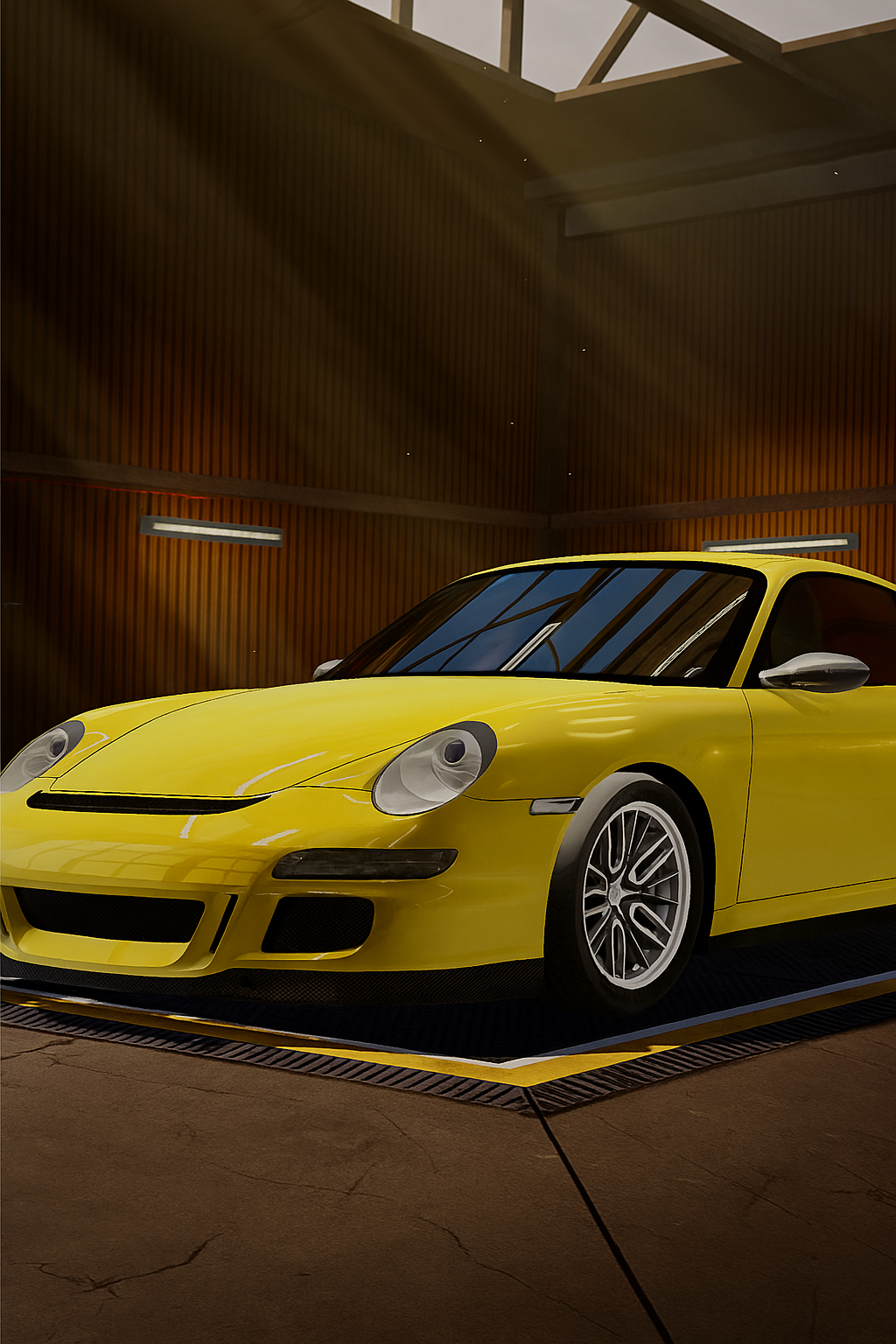 A yellow sports car displayed in a showroom with wooden paneled walls and a glass ceiling.