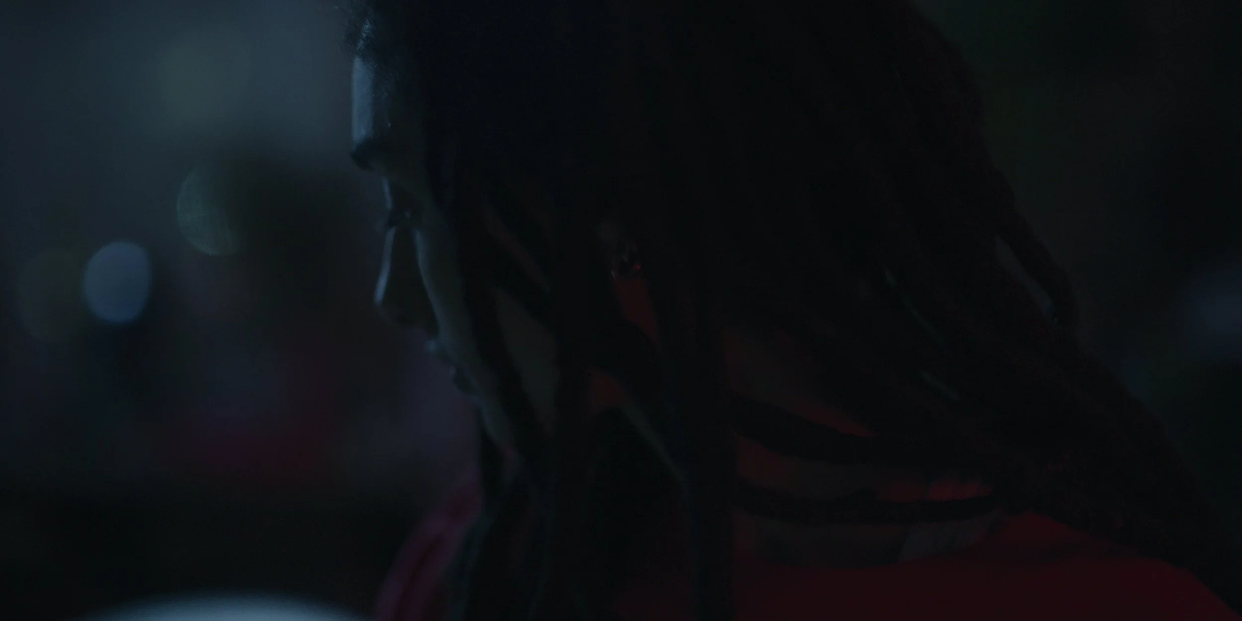 A side profile of a person with dreadlocks, wearing red clothing, in a dark environment with blurred city lights.