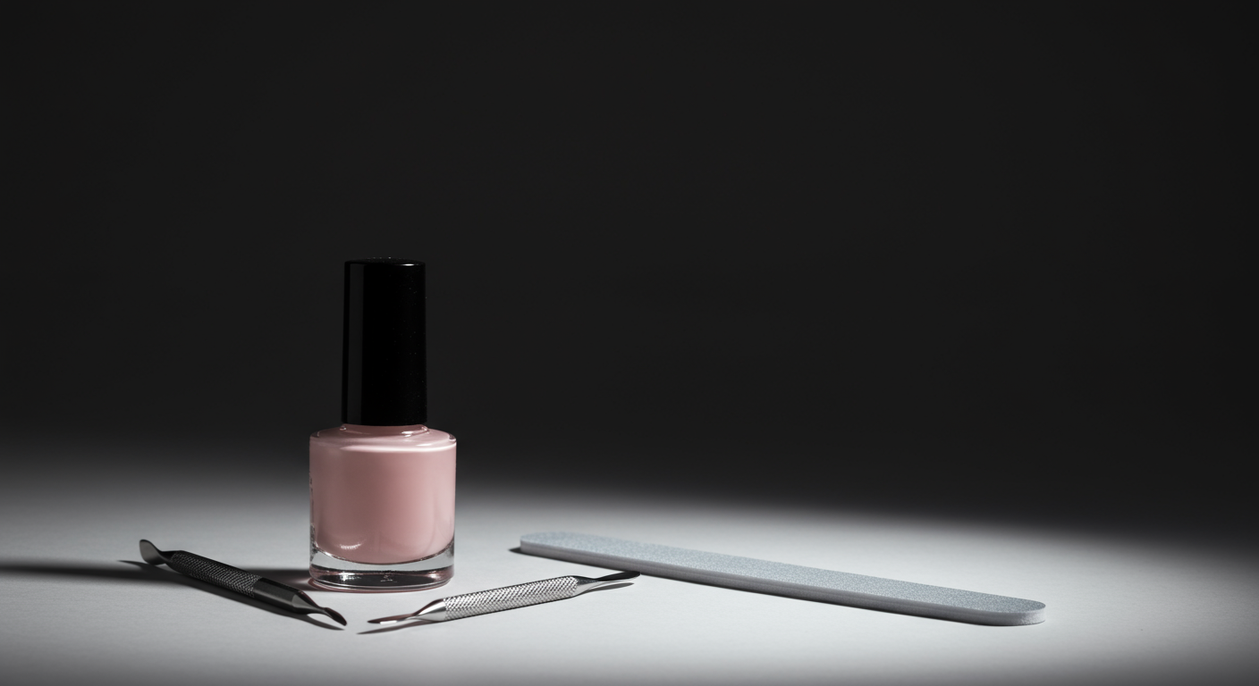 Bottle of pale pink nail polish with two metal manicure tools and a gray nail file on a white surface, with a dark background.