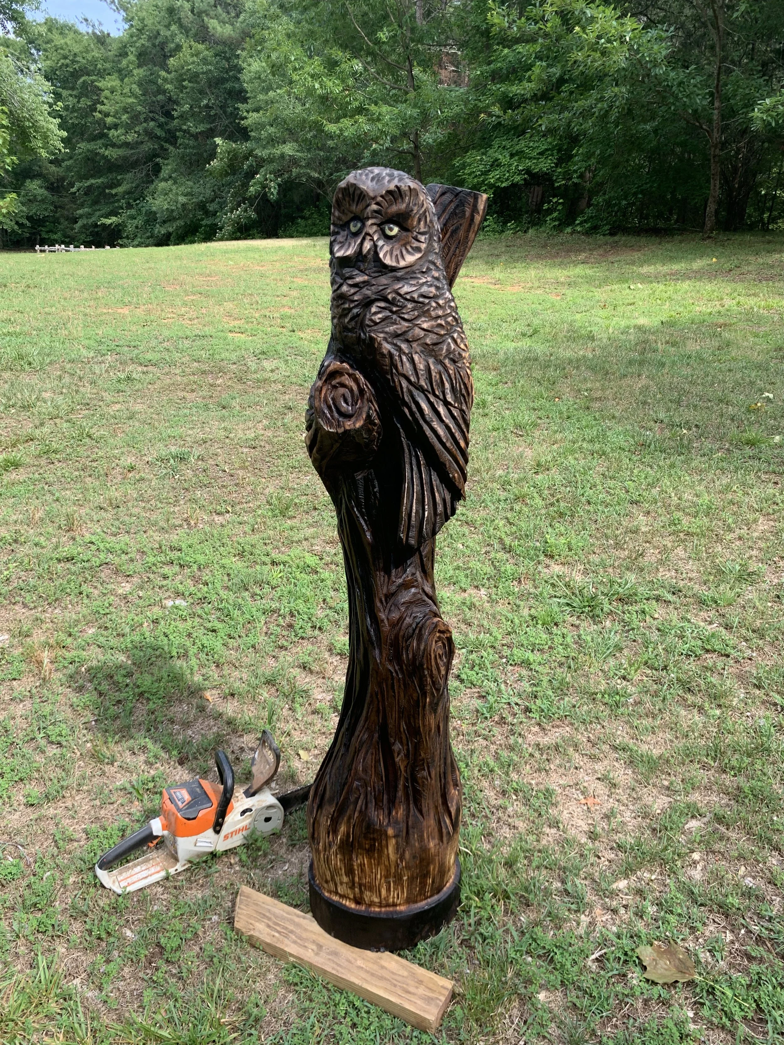 A carved wooden owl sculpture outdoors on grass, with a chainsaw and a piece of wood on the ground nearby, and trees in the background.