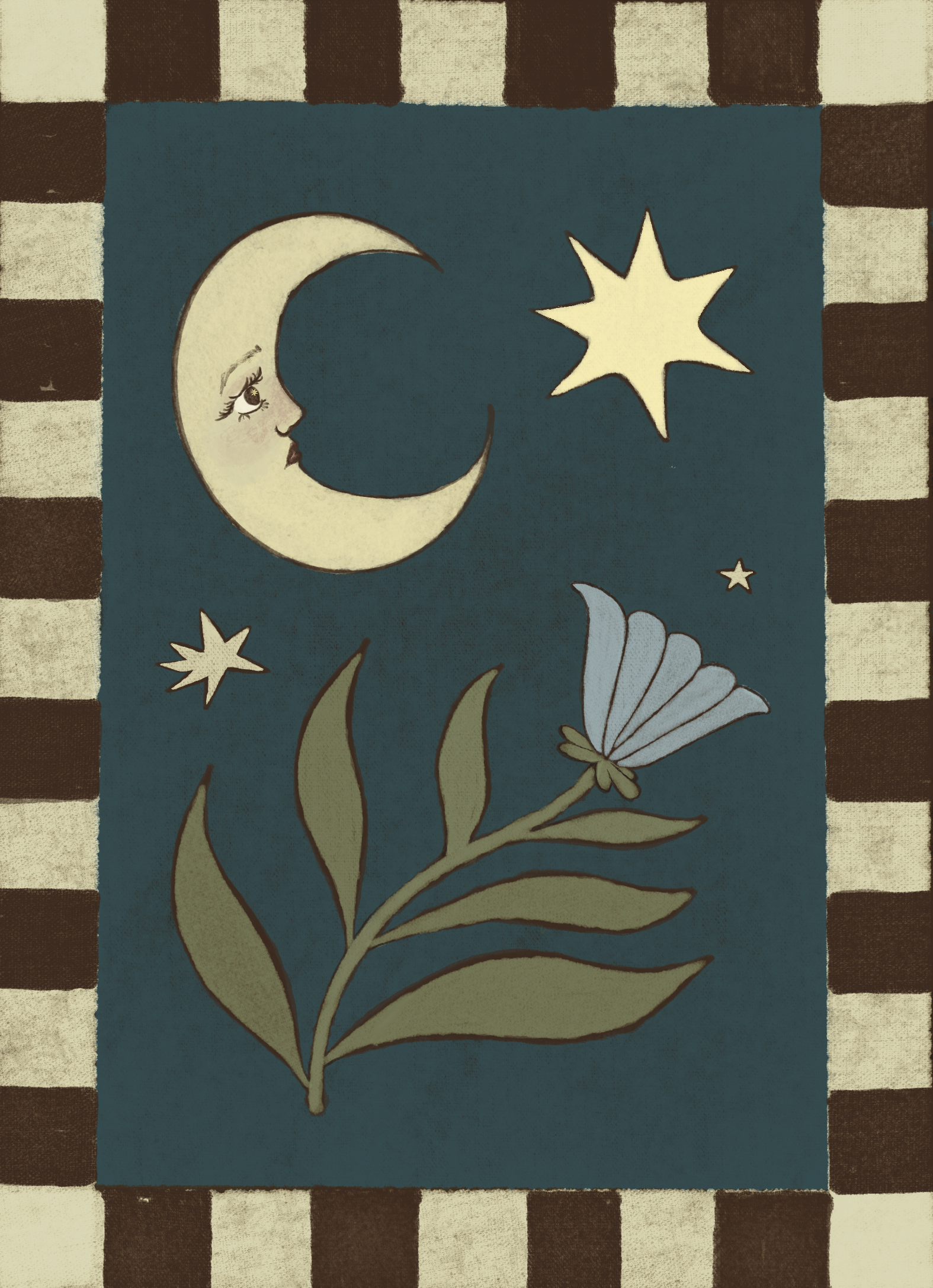 A decorative illustration featuring a crescent moon with a woman's face, a glowing star, smaller stars, and a blue flower with green leaves on a checkered border background.