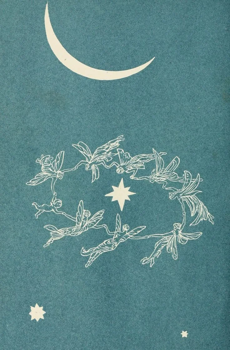 Illustration of a crescent moon, fairy-like figures holding a star-shaped object, and small stars on a textured teal background.