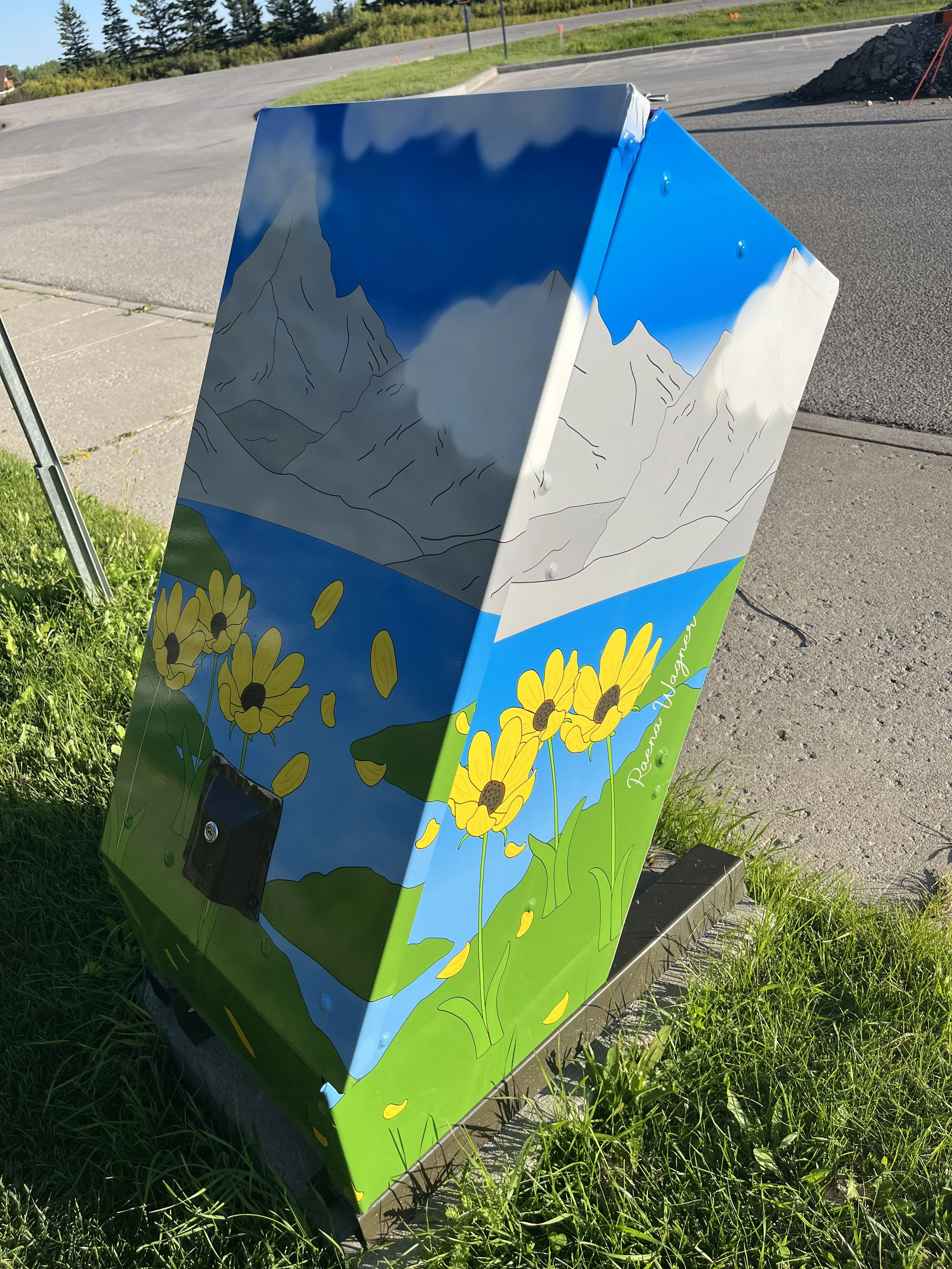 Electric utility box with colorful mountain and flower artwork, situated on a grassy area near a sidewalk and street.