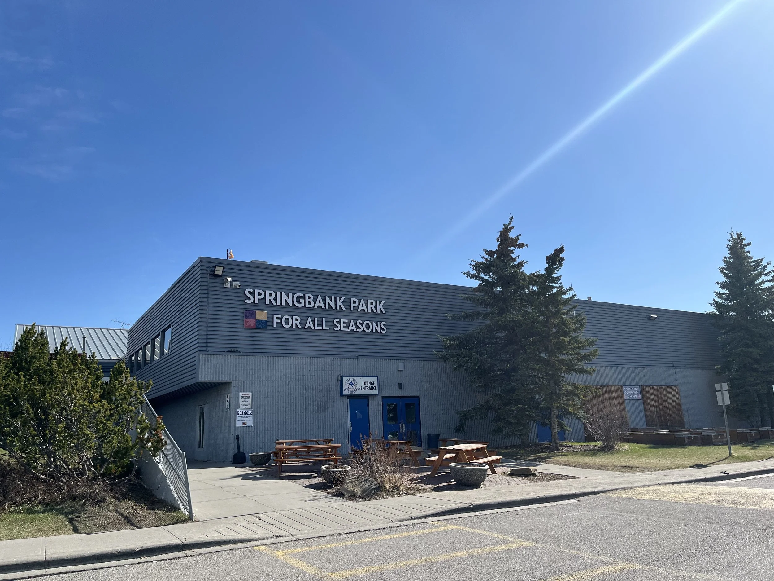 Photo of SpringBank Park building with outdoor benches and trees, clear blue sky, and sunlight.