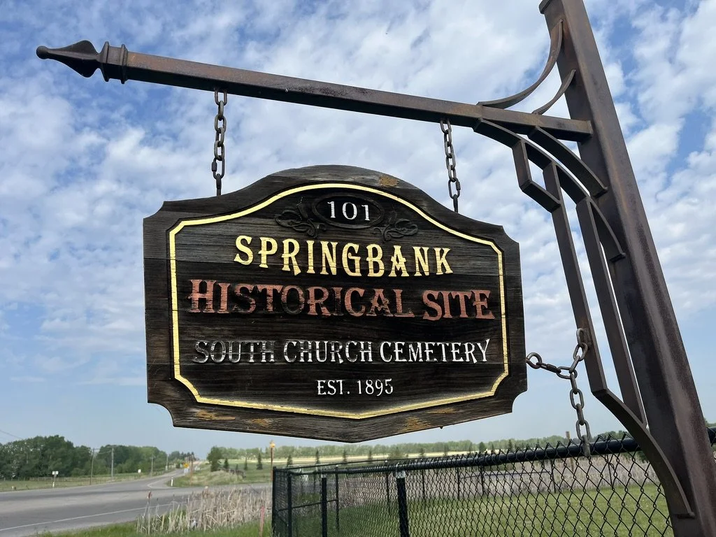 A wooden sign with black background and gold and red text hanging from a metal frame, indicating the Springbank Historic Site, South Church Cemetery, established in 1895.