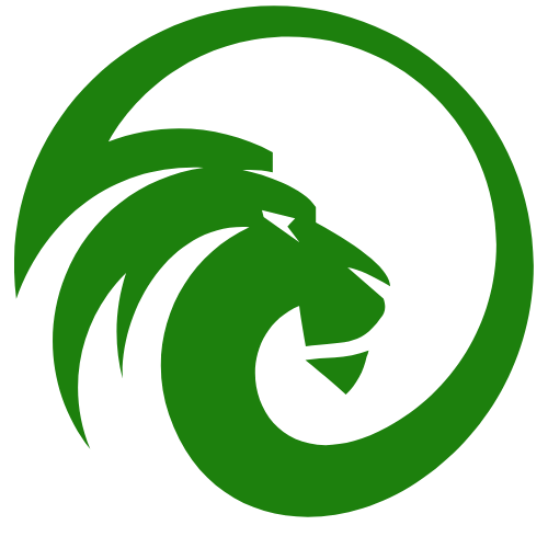 A green circular logo featuring a stylized lion's face and head.