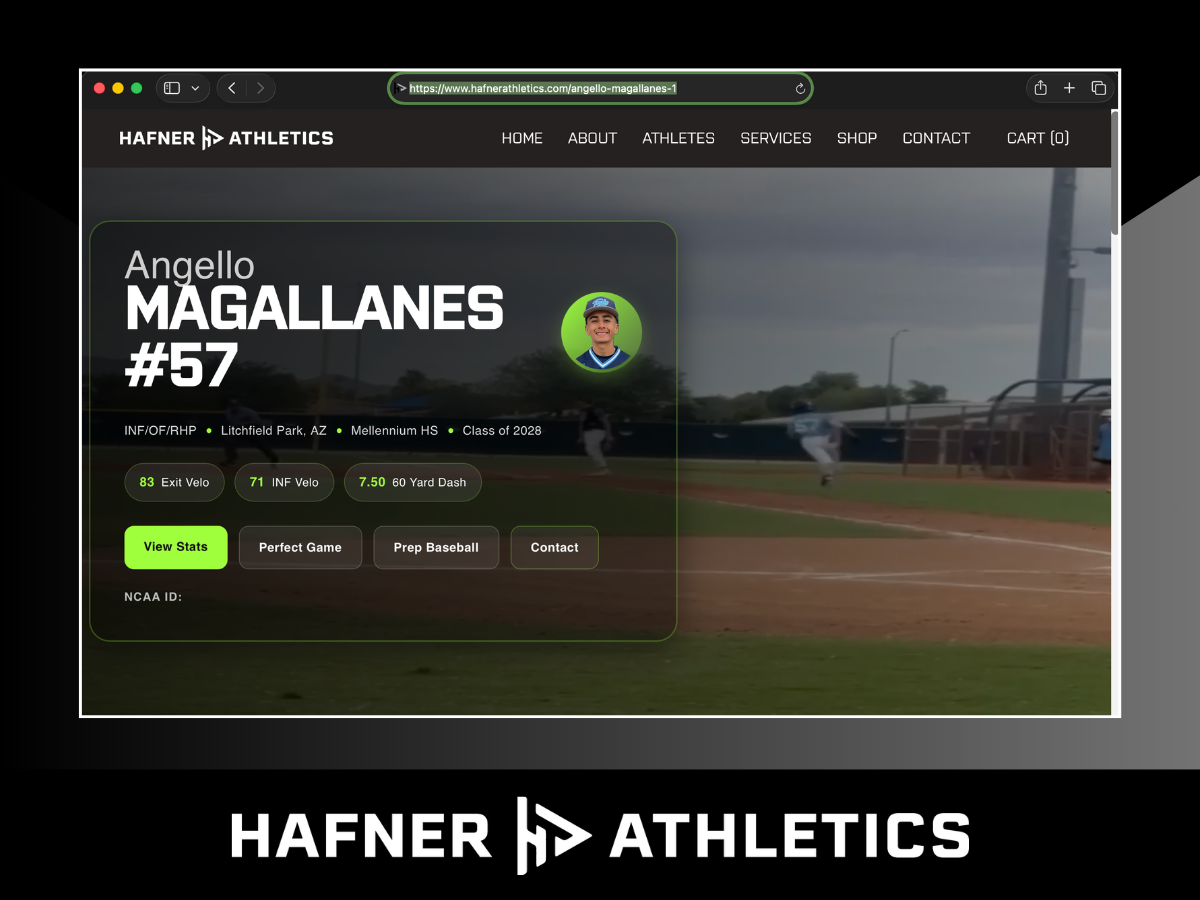 Webpage for HAFNER ATHLETICS featuring a recruiting profile for Angello Magallanes with video clips of hitting and fielding, and buttons labeled MAX PREPS and PERFECT GAME.