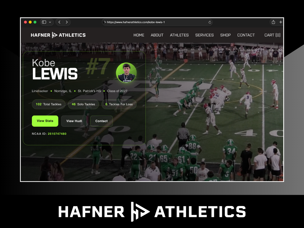 Soccer player on field with name tag "Gabe Hafner #12". Image features "Hafner Athletics" branding at the bottom. Stadium background visible.
