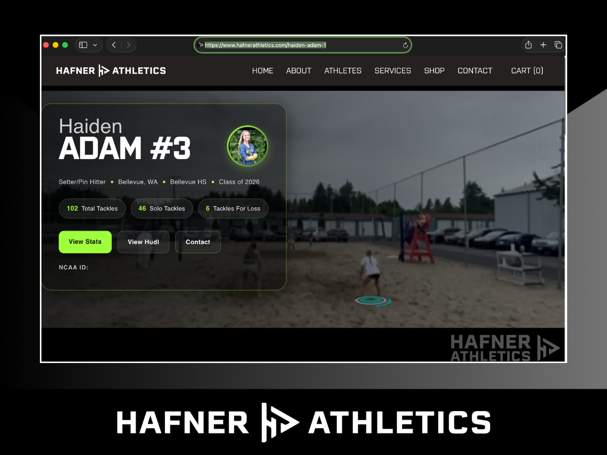 A website homepage for Hafner Athletics featuring a young female volleyball player hitting a volleyball. The background has a textured gray and black design. The page has navigation options: Home, About, Services, Packages, Shop, Contact, and Cart. The main section introduces Haiden Adam with recruiting profile options for HUDL and Max Preps.