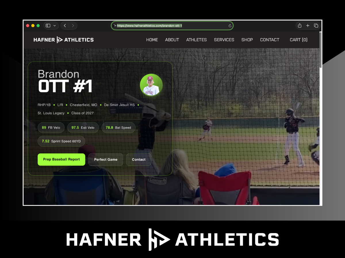 Webpage of HAFNER Athletics featuring Brandon Ott's recruiting profile with photos and videos of him playing baseball, along with buttons labeled 'Prep Baseball Report' and 'Perfect Game'.