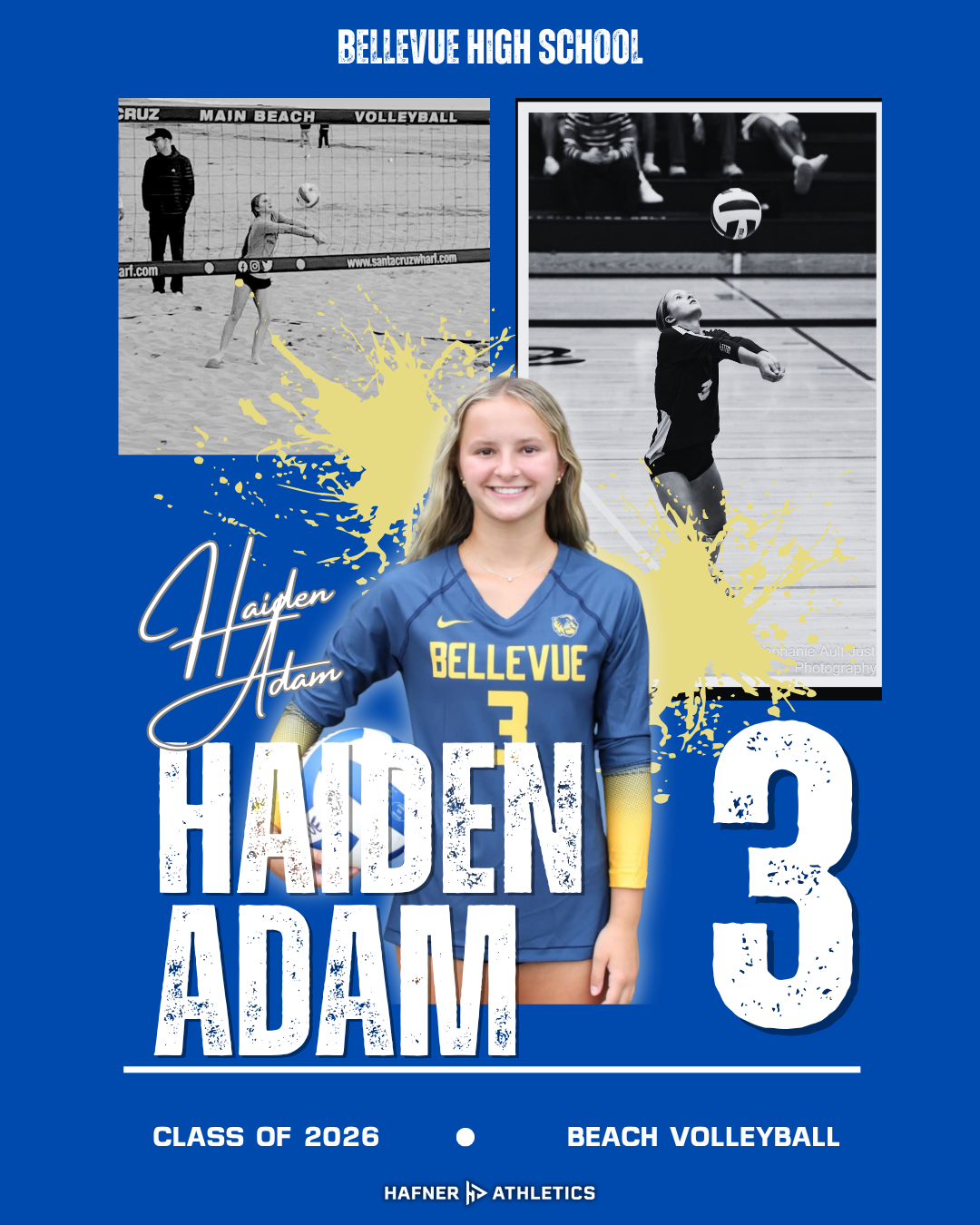 College recruiting poster featuring a female volleyball player in a blue Bellevue jersey with the number 3, smiling and holding a volleyball, with black and white action photos of volleyball and beach volleyball in the background.