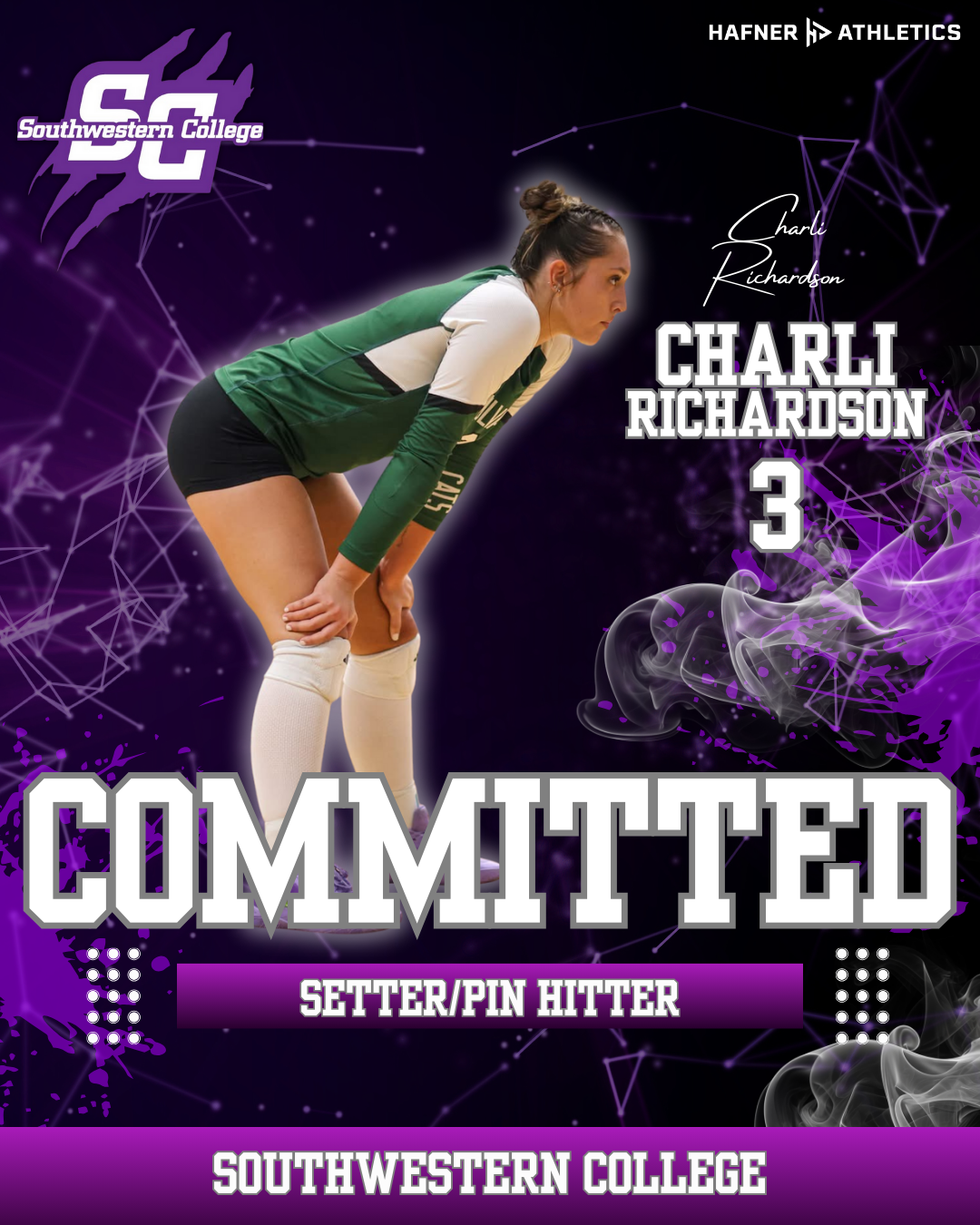 Athletic poster featuring a female volleyball player in a green and white uniform, crouched and ready to receive a serve, with purple and black graphics, and the text 'Charli Richardson 3, Committed, Setter/Pin Hitter, Southwestern College.'